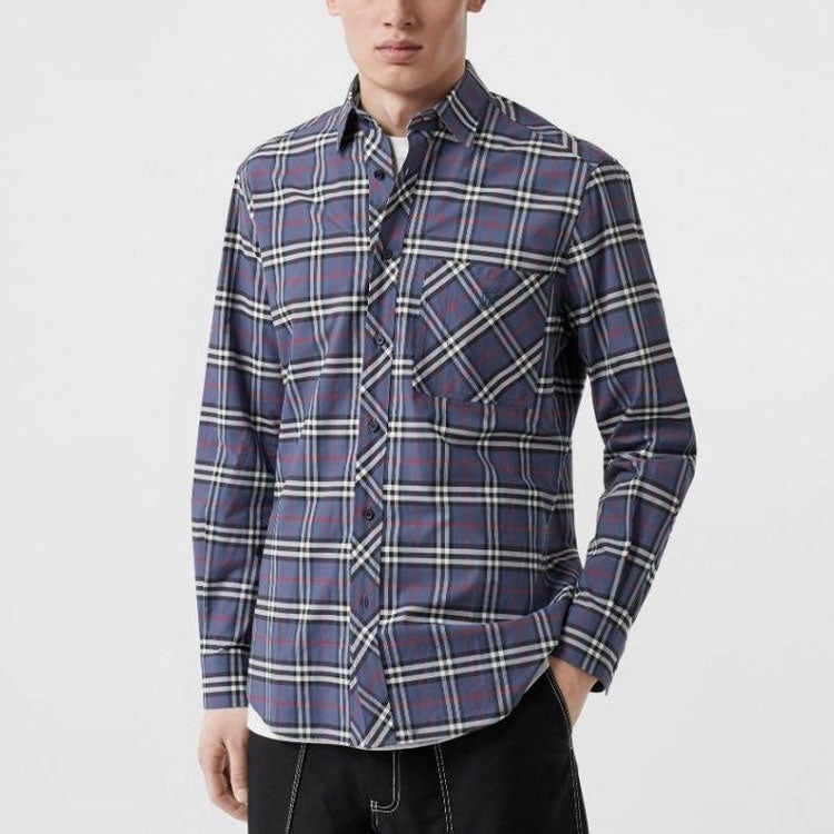 Men's Burberry Cotton Plaid Shirt Navy Blue 80175621 - 4