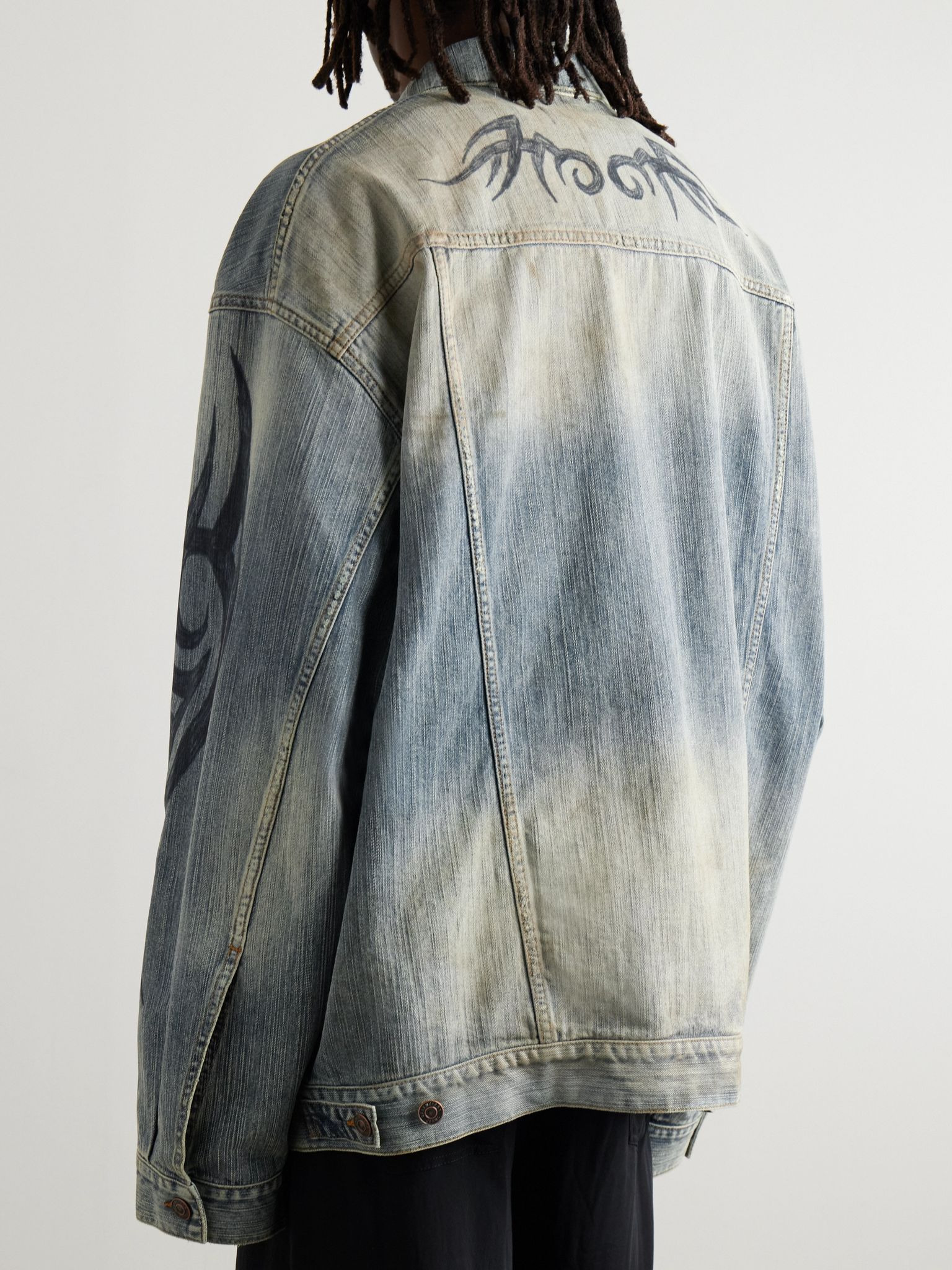 Oversized Distressed Printed Denim Jacket Blue - 3