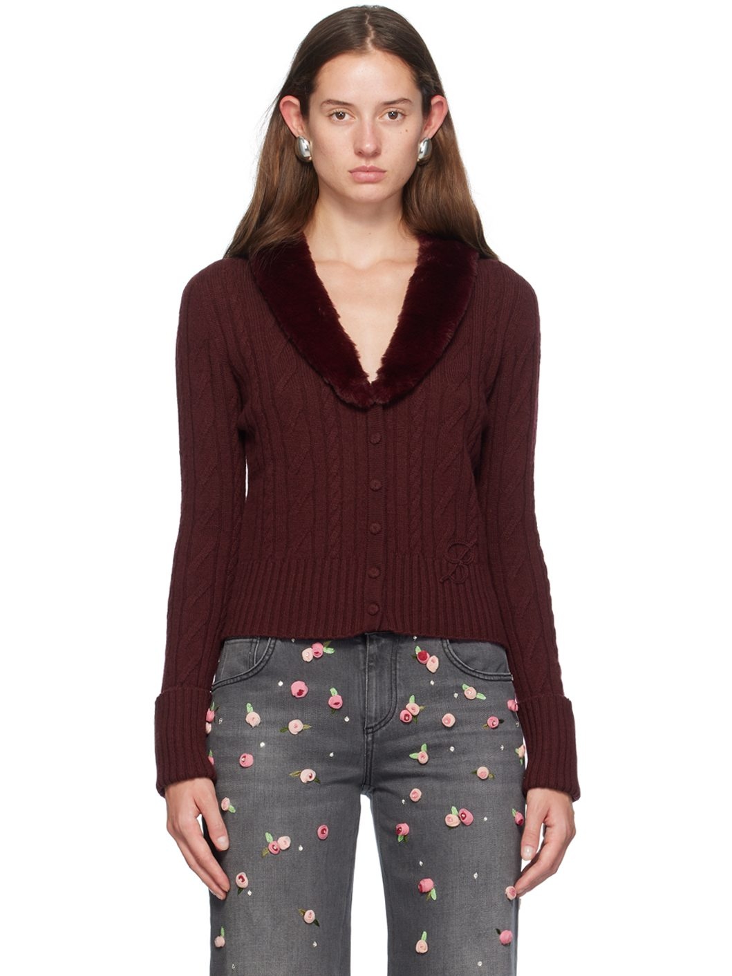 Burgundy Faux-Fur Collar Cardigan - 1