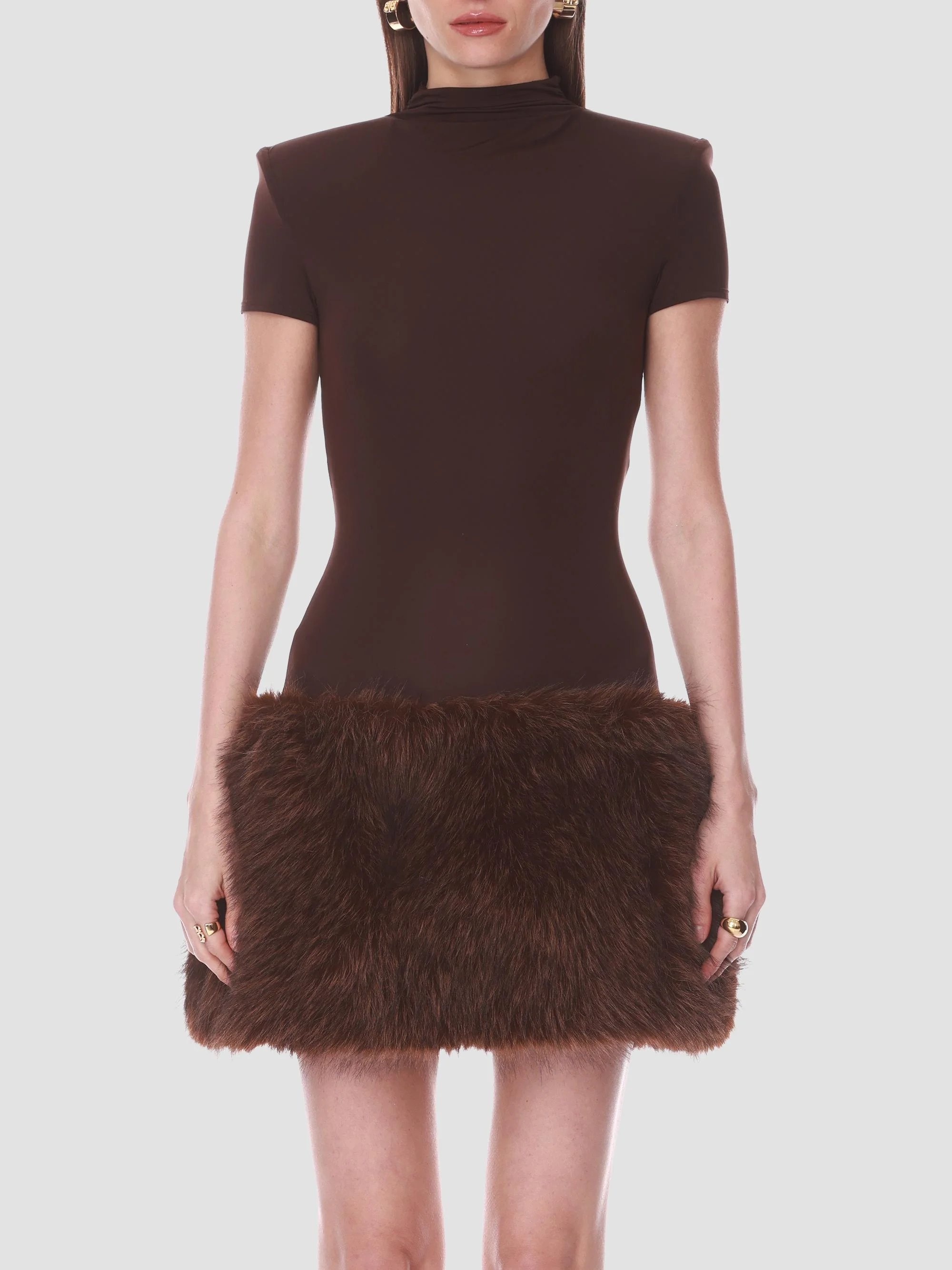 Women's Faux-Fur Trim Mini Dress - Brown - 1
