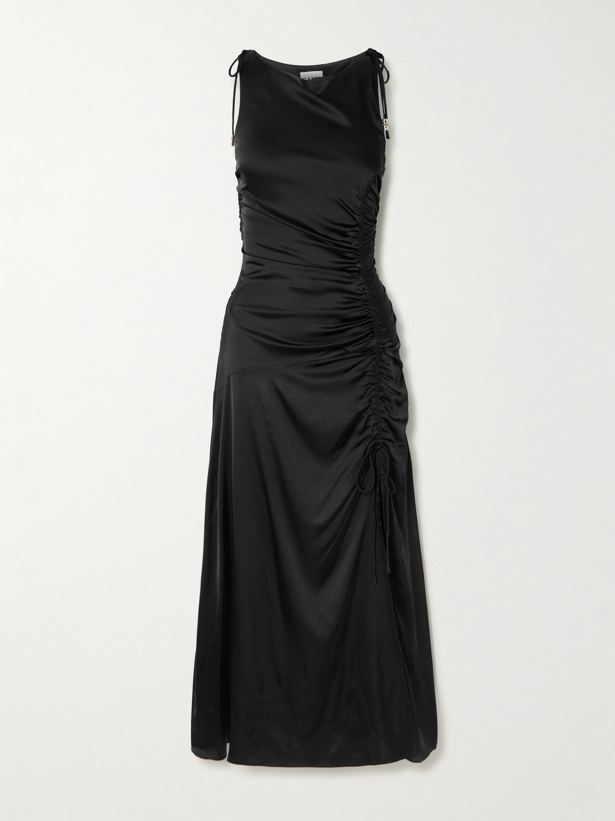 Tie-detailed Ruched Satin Midi Dress - 1