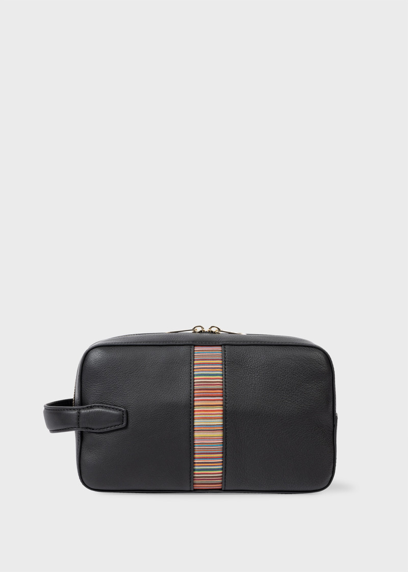 Black Leather 'Signature Stripe' Wash Bag 1