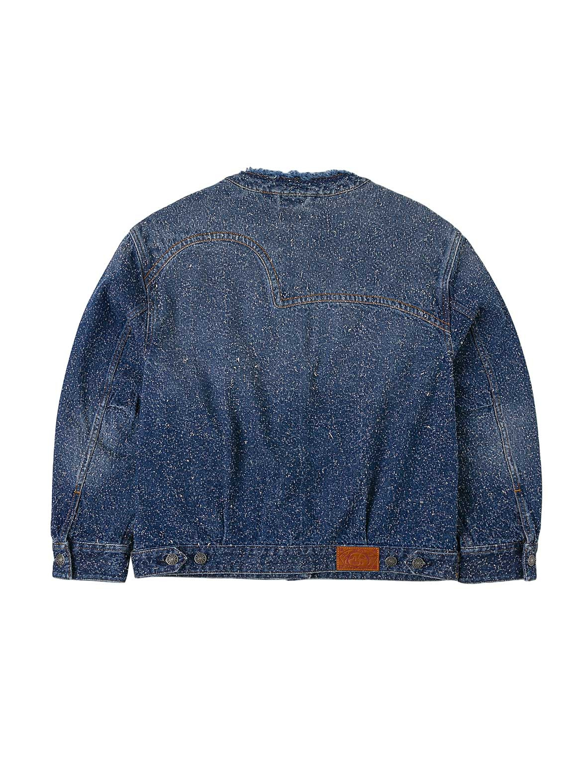 Leather Trim Fashion Fit Collarless Denim Jacket - 2