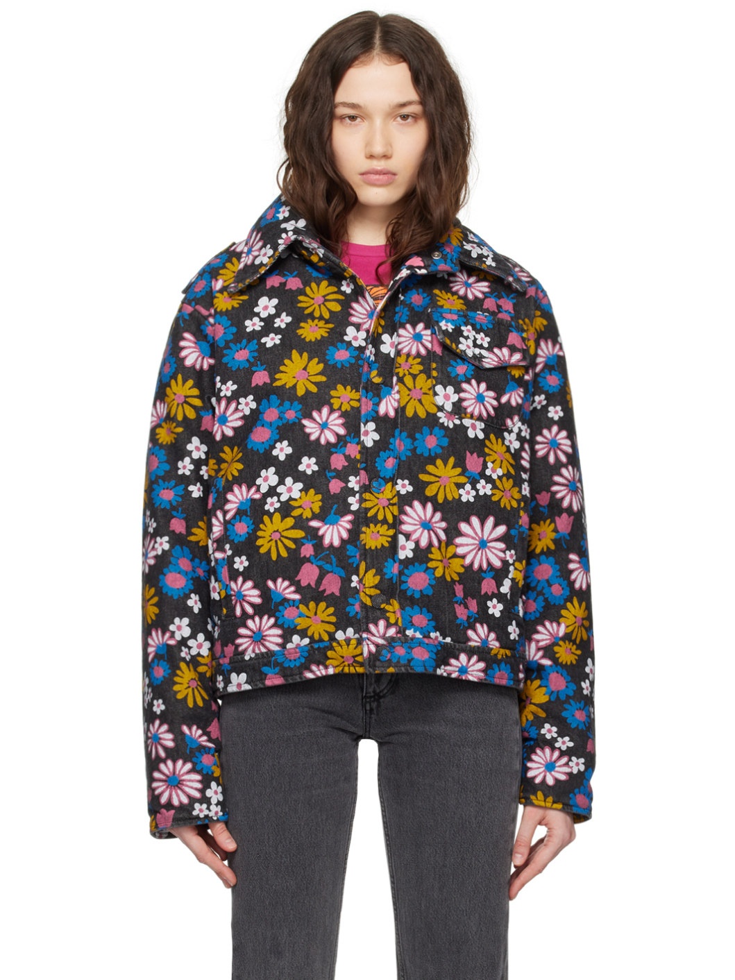 Black Floral Denim Jacket - 1