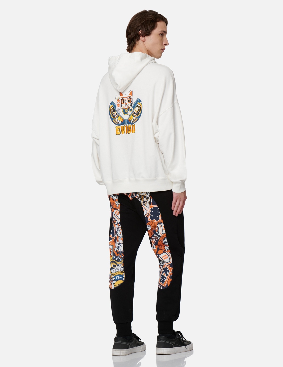 ZIP-UP DARUMA AND FORTUNE CAT PRINT HOODED SWEATSHIRT - 3