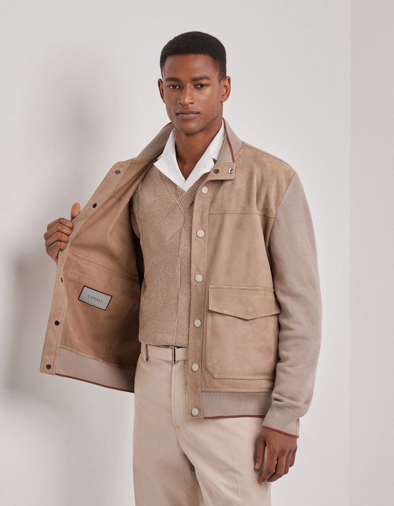 CARAMEL MIXED-MATERIAL ULTRALIGHT SUEDE BOMBER JACKET WITH KNIT INSERTS 7