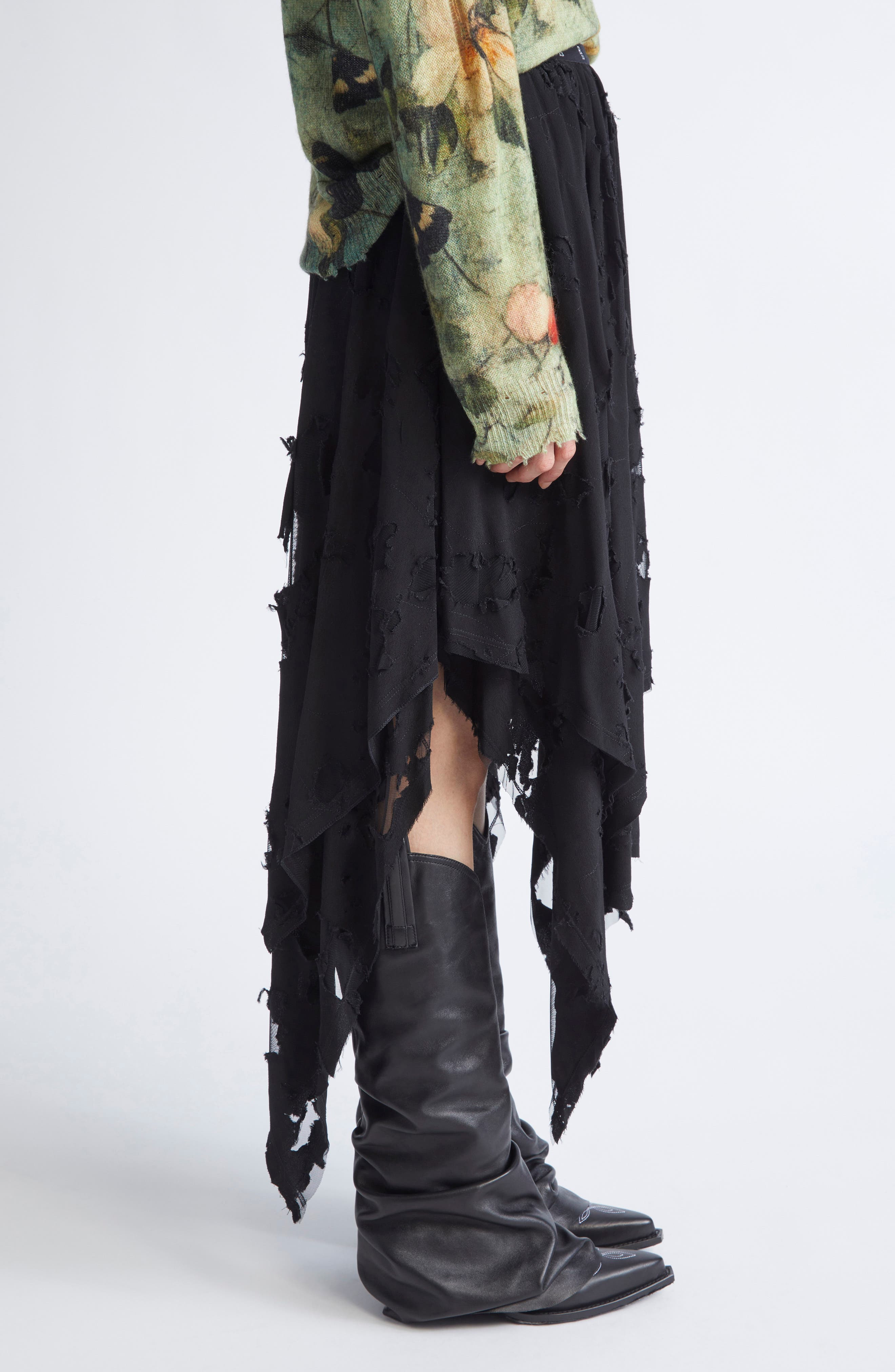 R13 Ripped Handkerchief Midi Skirt in Black at Nordstrom - 4