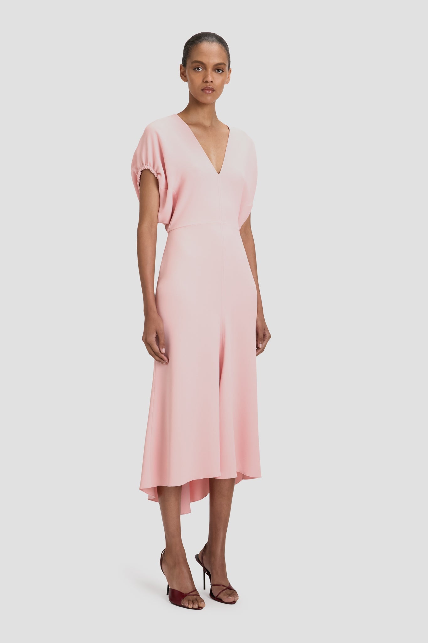 Blouson Detail Midi Dress In Antique Pink - 4