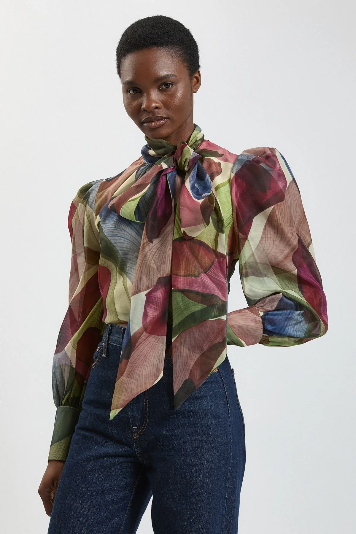 Petal Print Organza Pussybow Blouse - 1
