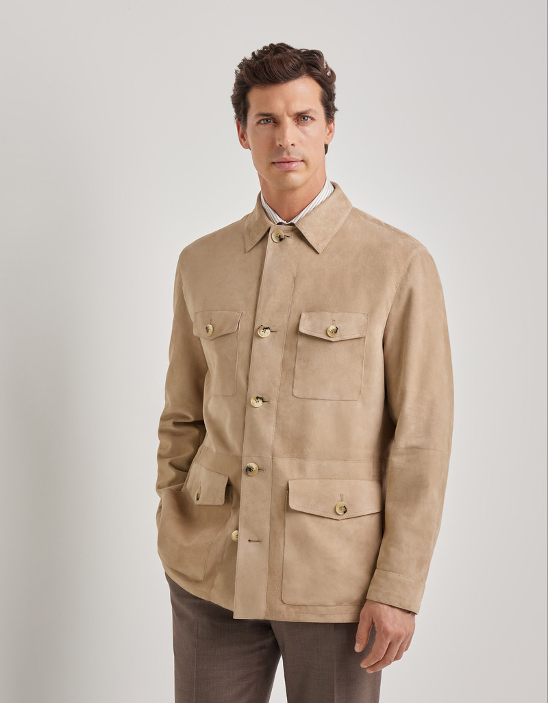 CARAMEL MIXED-MATERIAL ULTRALIGHT SUEDE BOMBER JACKET WITH KNIT INSERTS 127