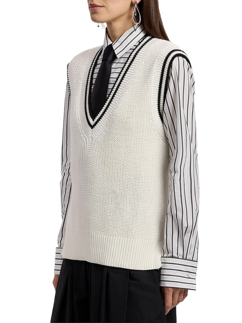 Women's Cotton-Silk Oversized Sweater Vest - Lux Cream Black 4