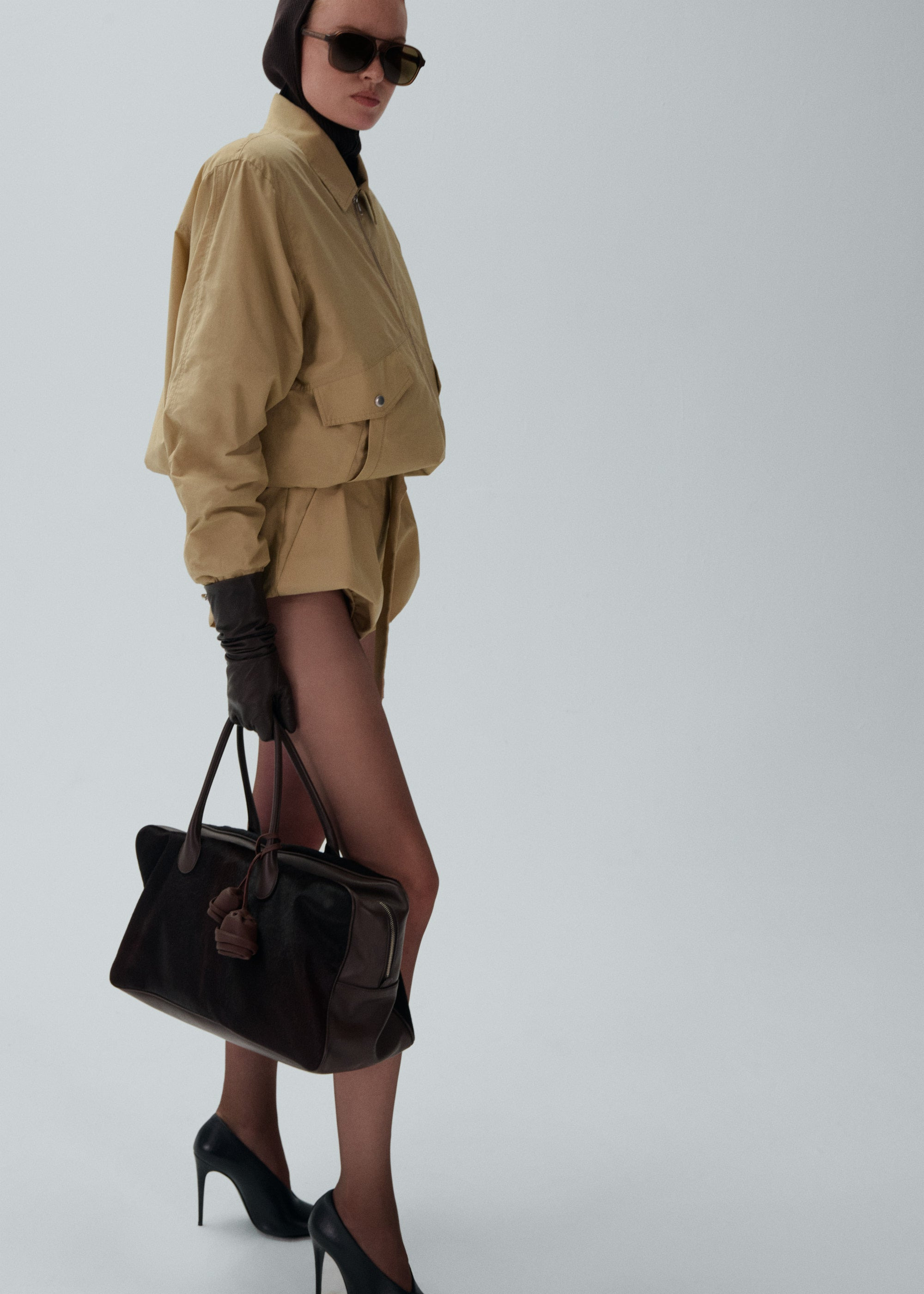 Oversized technical cotton bomber in beige - 5