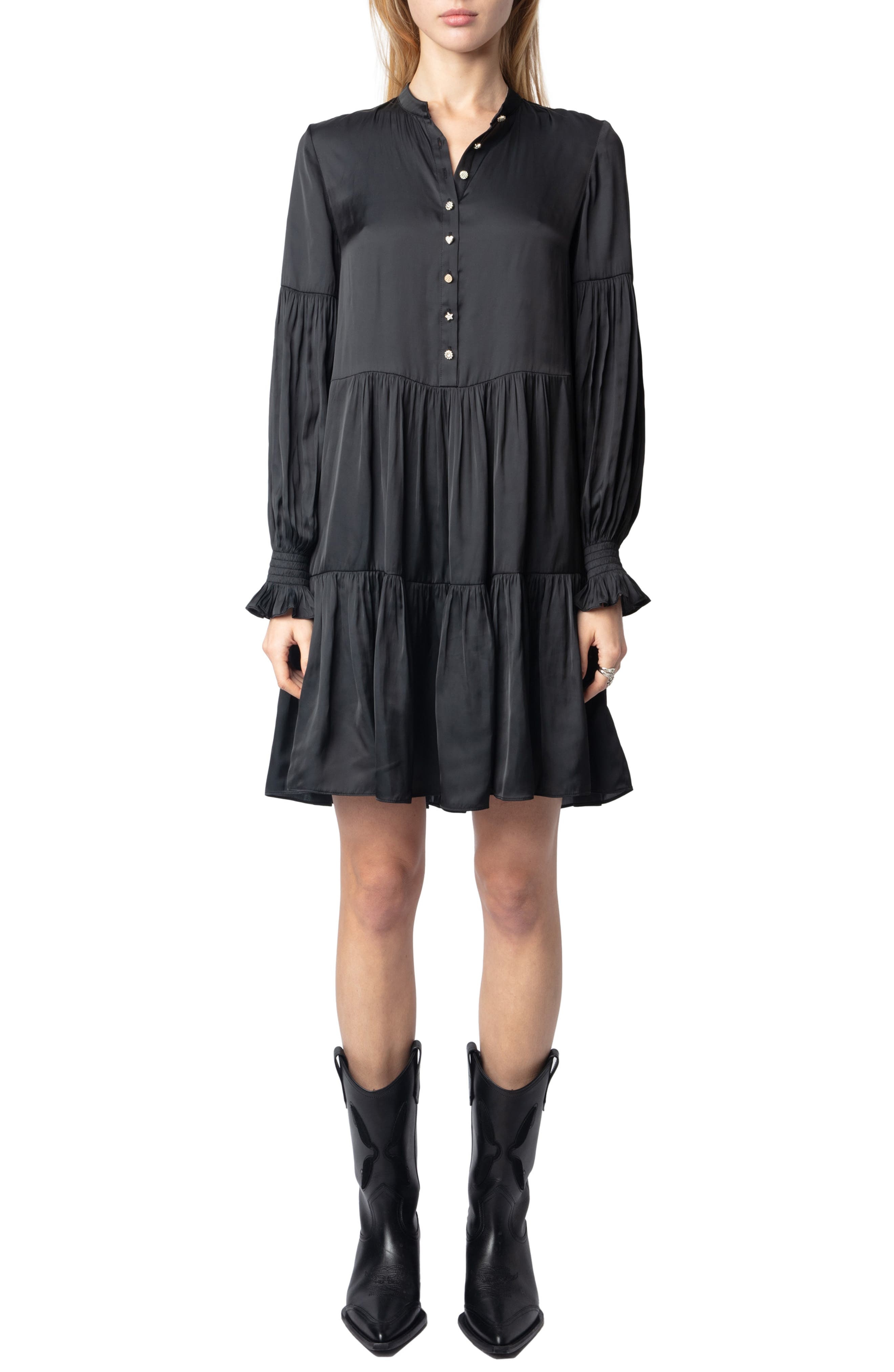 Zadig & Voltaire Randy Long Sleeve Tiered Satin Dress in Black at Nordstrom - 1