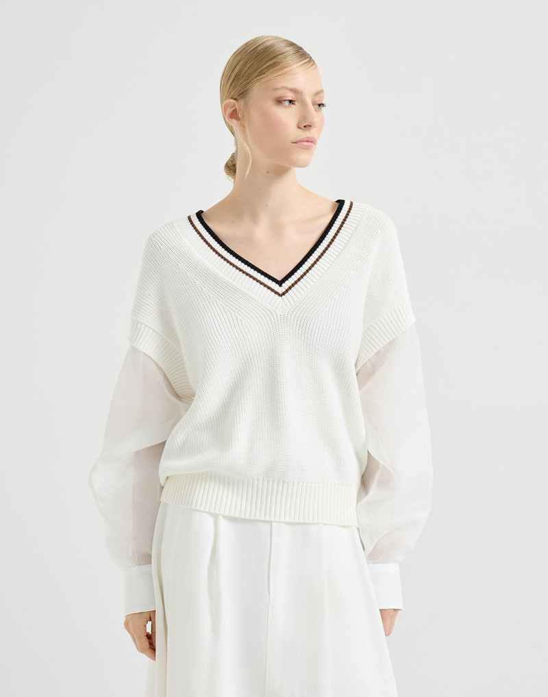 Cotton English rib sweater with organza sleeves 2