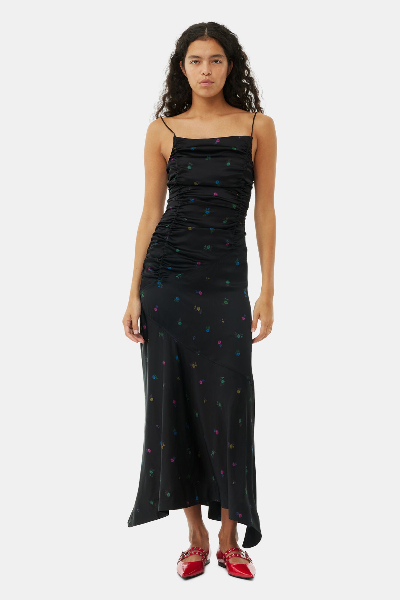 FLORAL SATIN RUCHED LONG SLIP DRESS - 2