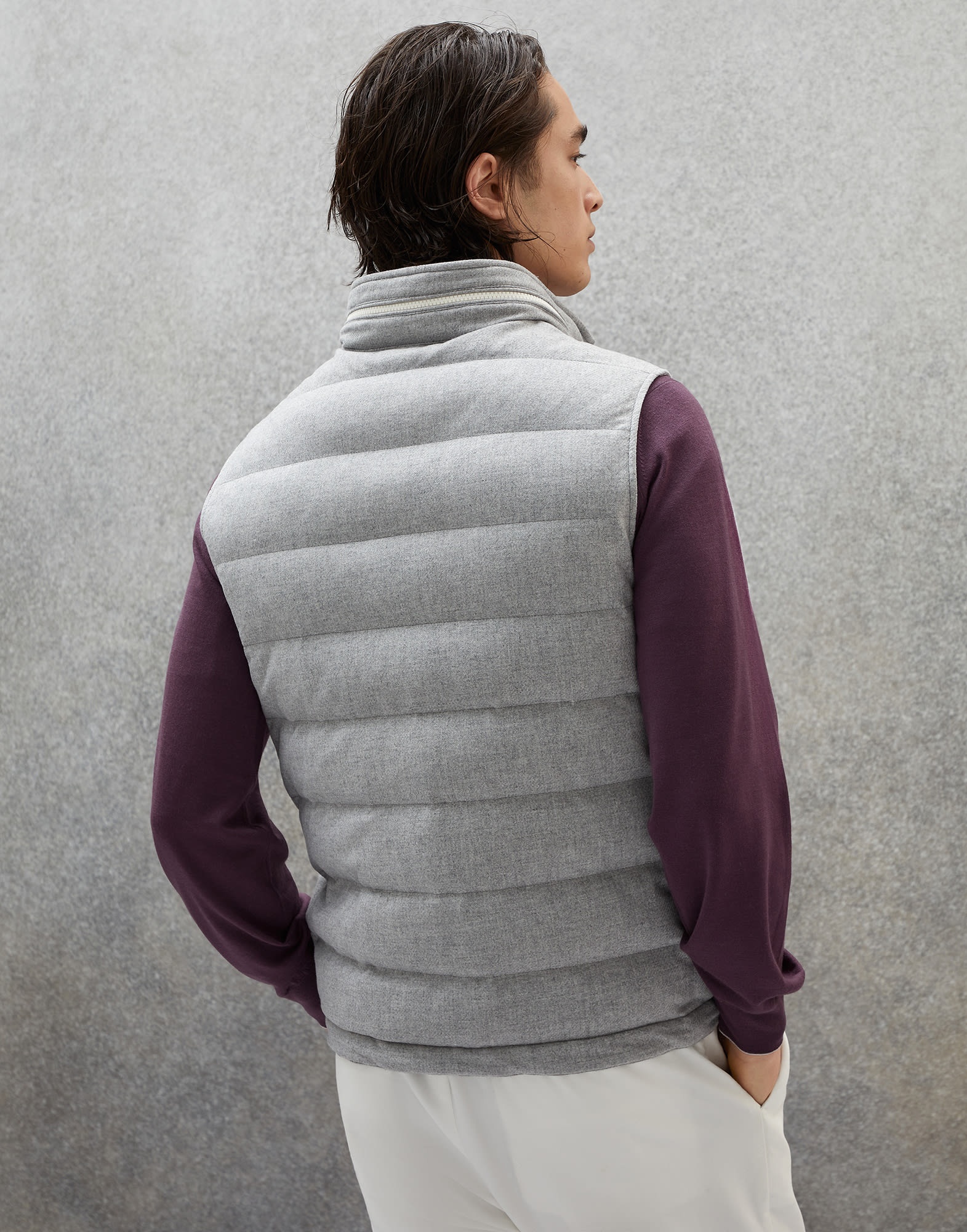 Wool, silk and cashmere bonded diagonal down vest with packable hood - 2