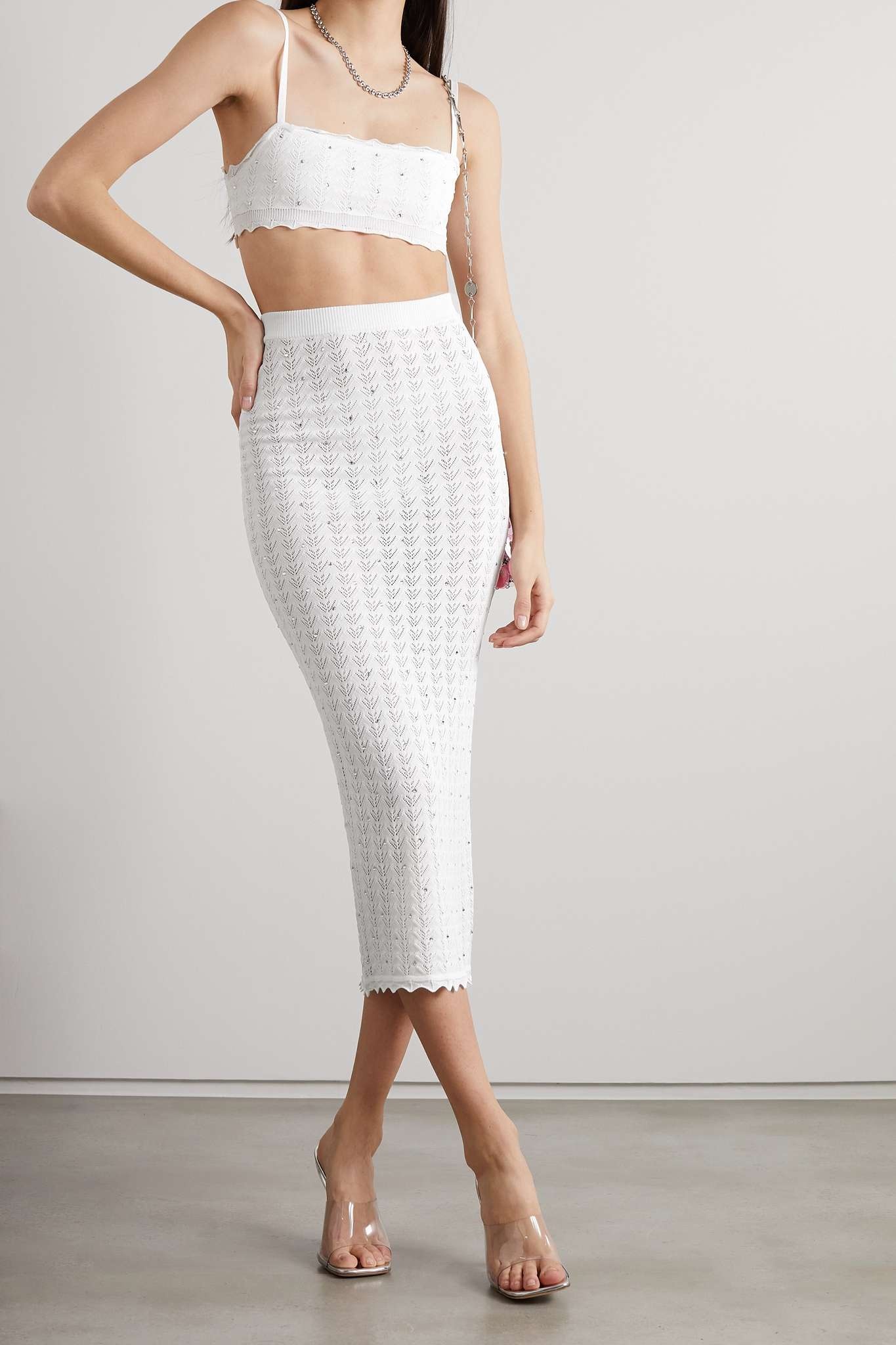 Crystal-embellished pointelle-knit midi skirt - 2