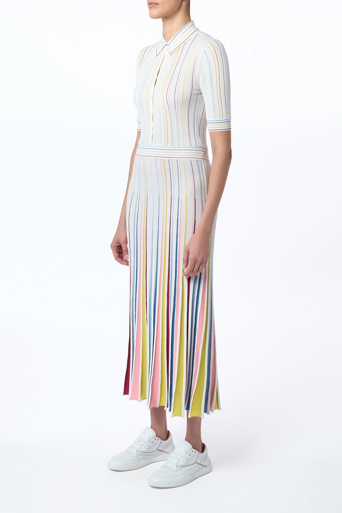 Calypso Pinstripe Knit Midi Dress in Ivory Multi Merino Wool - 4