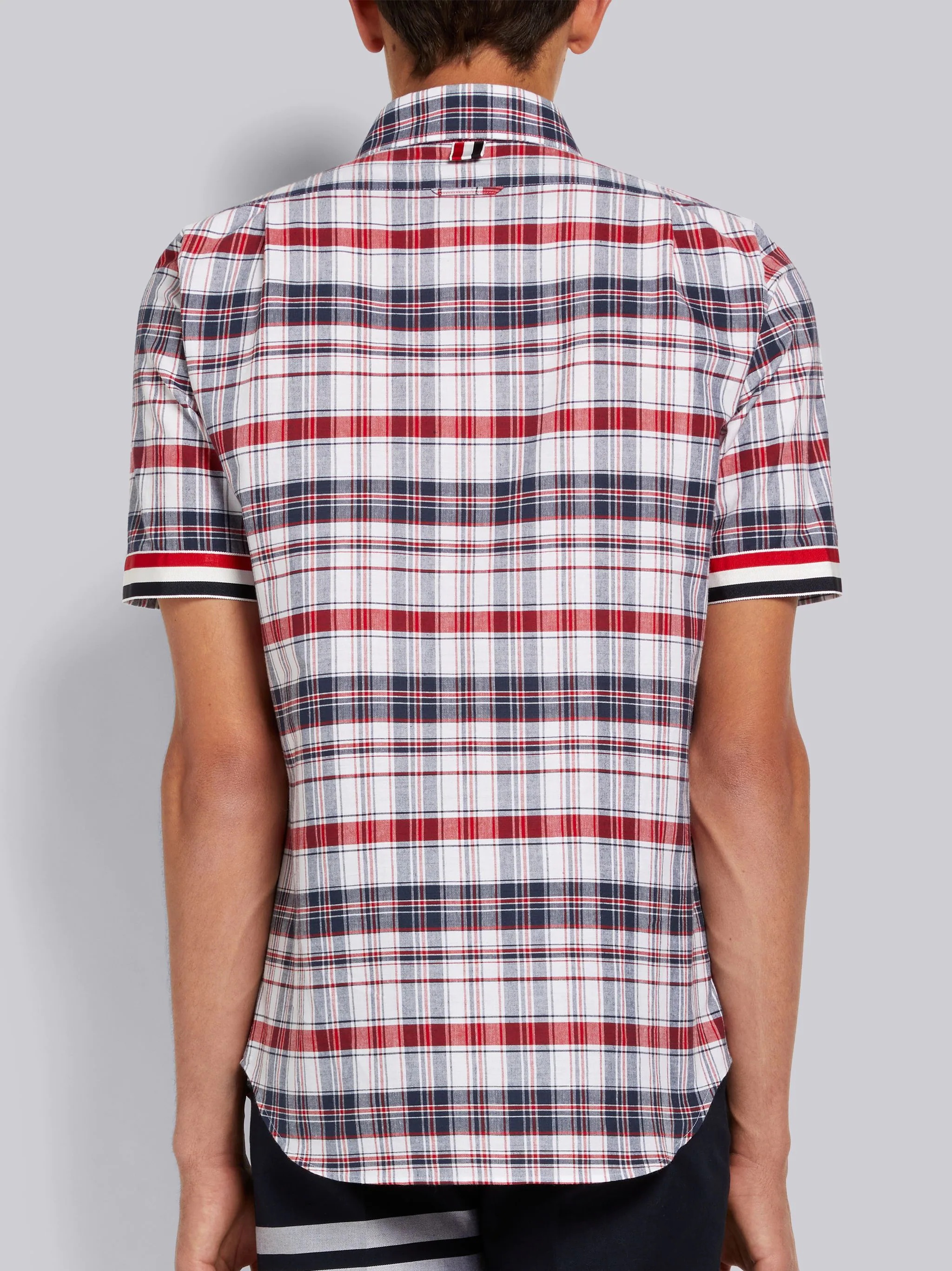 Multicolor Stripe Plaid Stripe Cuff Straight Fit Round Collar Short Sleeve Shirt - 4