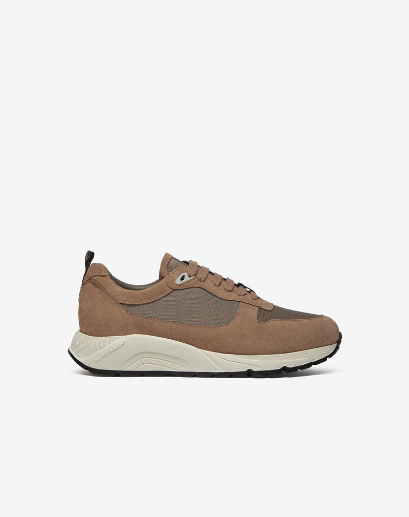 Taupe nylon and suede running shoes 1
