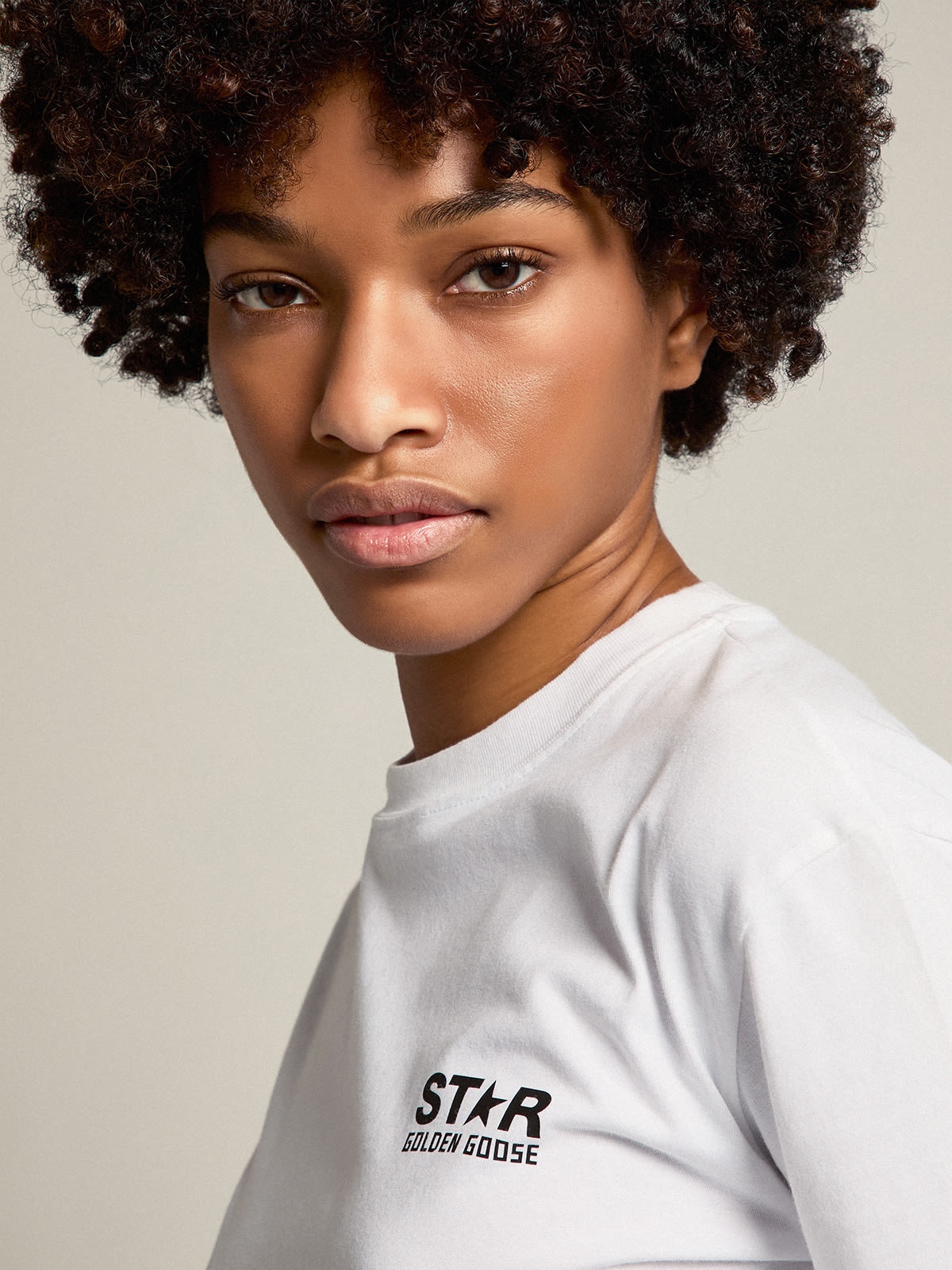 Women's white T-shirt with contrasting black logo and star - 2