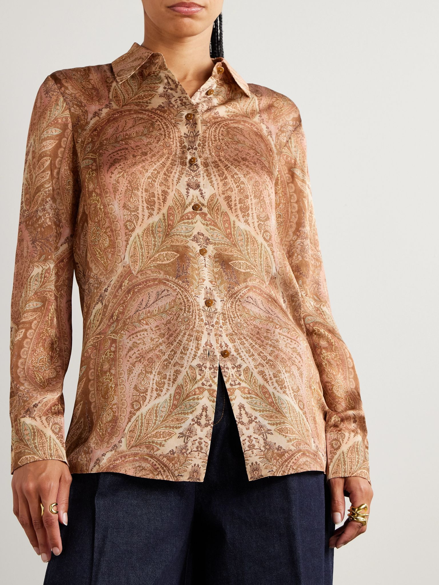 Paisley-print silk-satin shirt Cream - 3