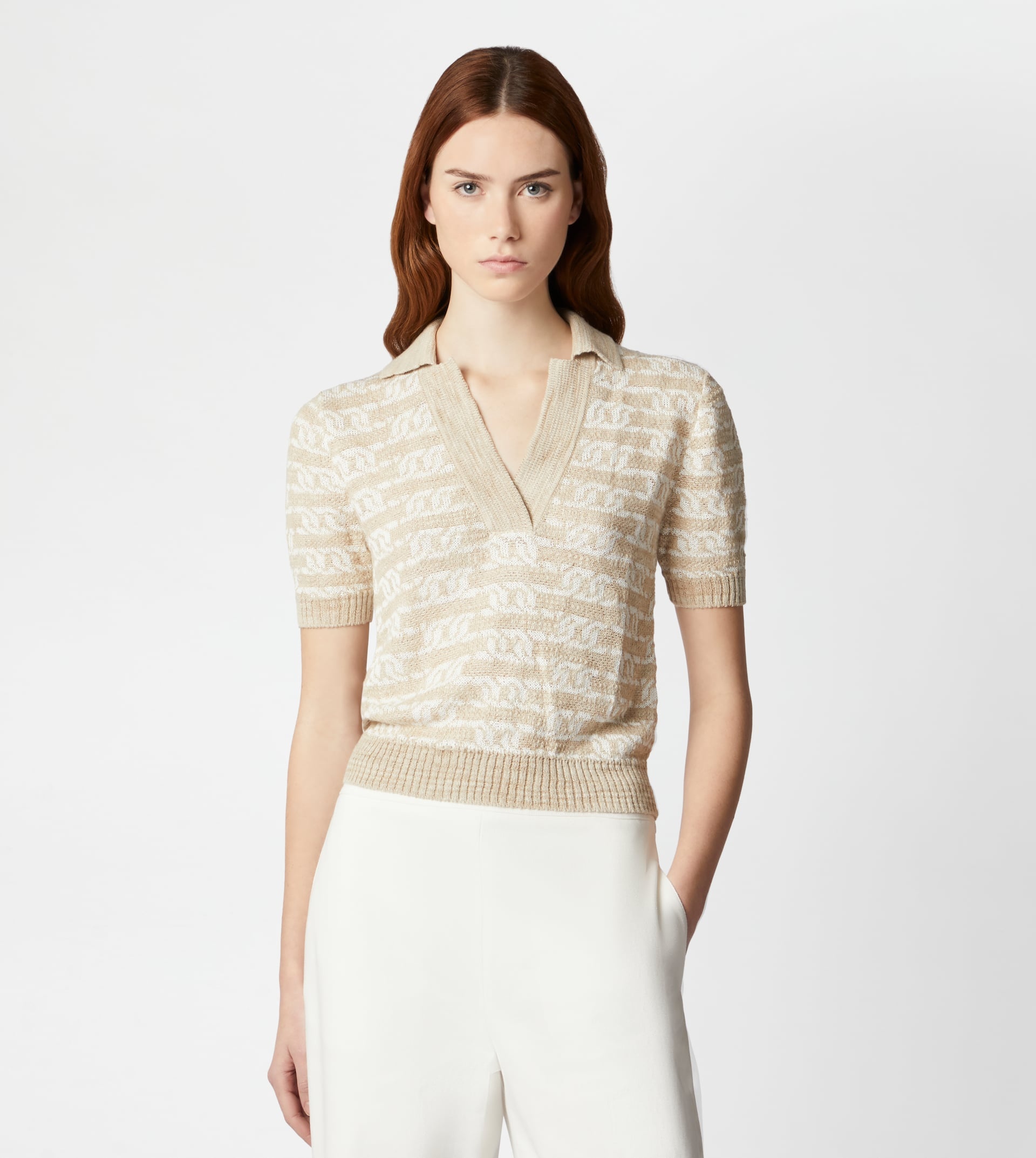 SHORT-SLEEVED KNIT POLO SHIRT - BEIGE, WHITE - 7