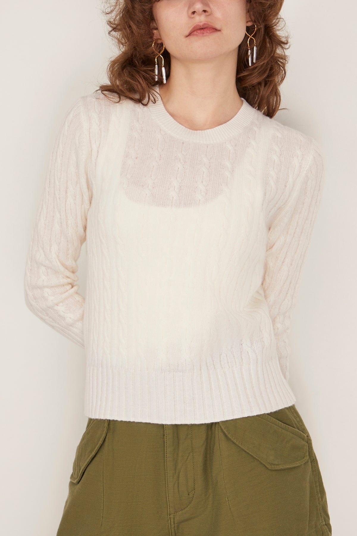 Cable Shrunken Crew in Cream - 3