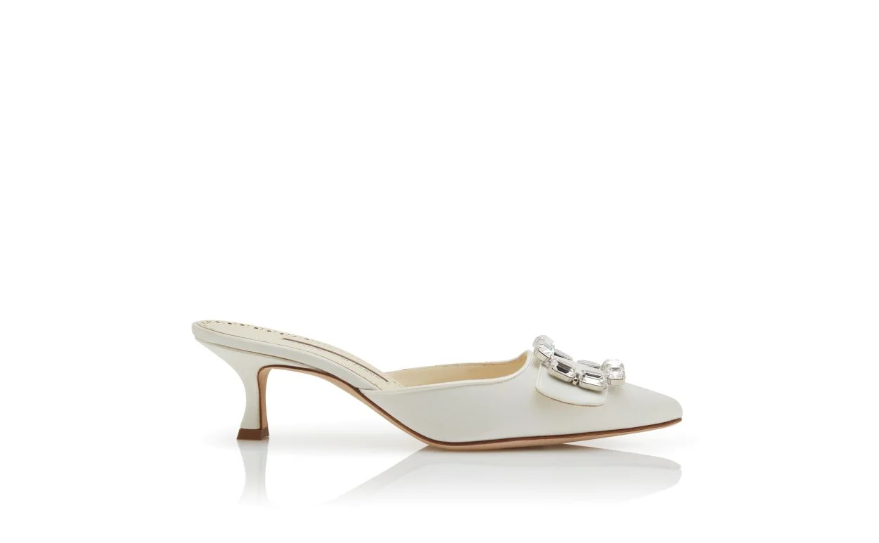 Cream Satin Crystal Buckle Mules - 1