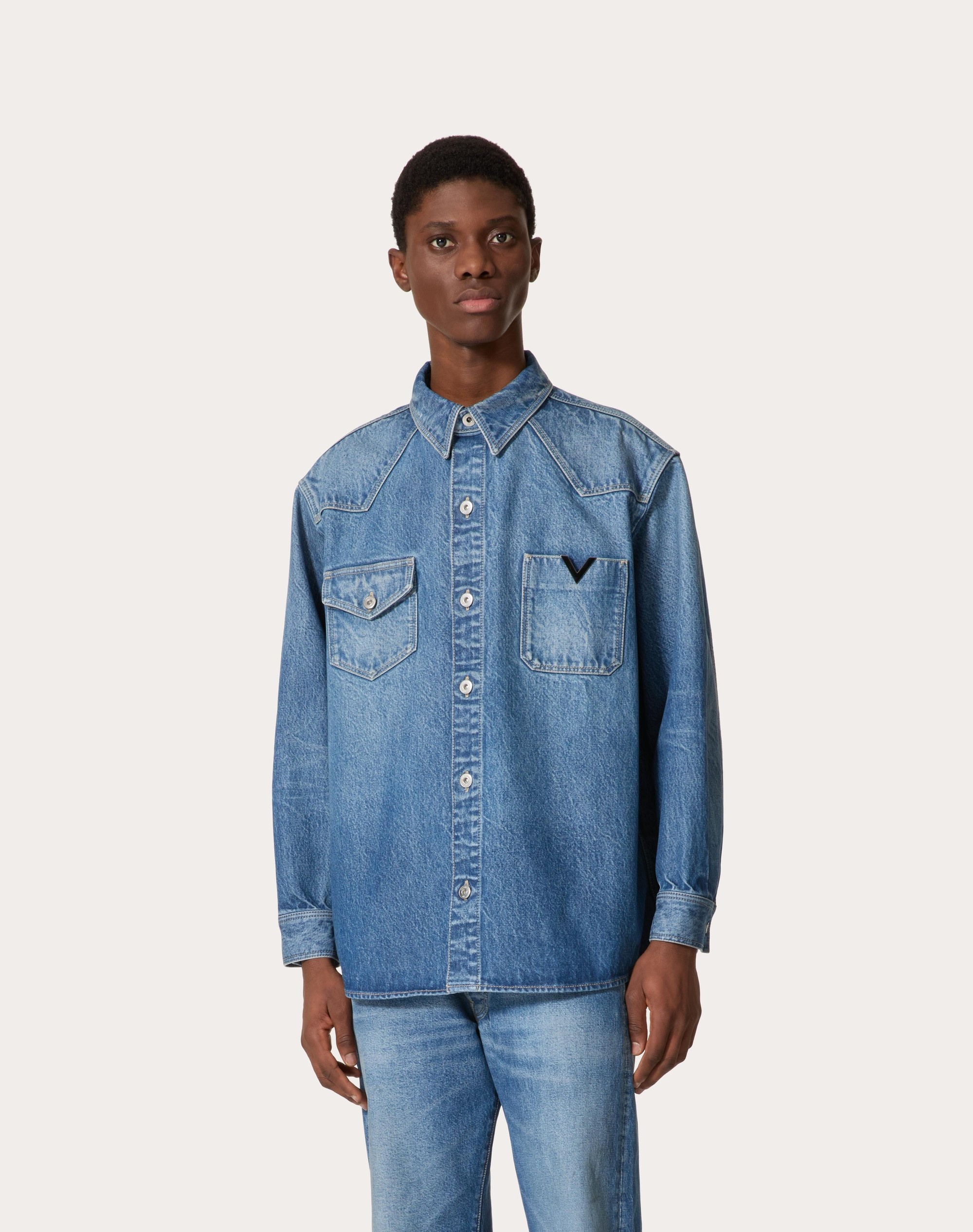 DENIM SHIRT WITH METALLIC V DETAIL - 3