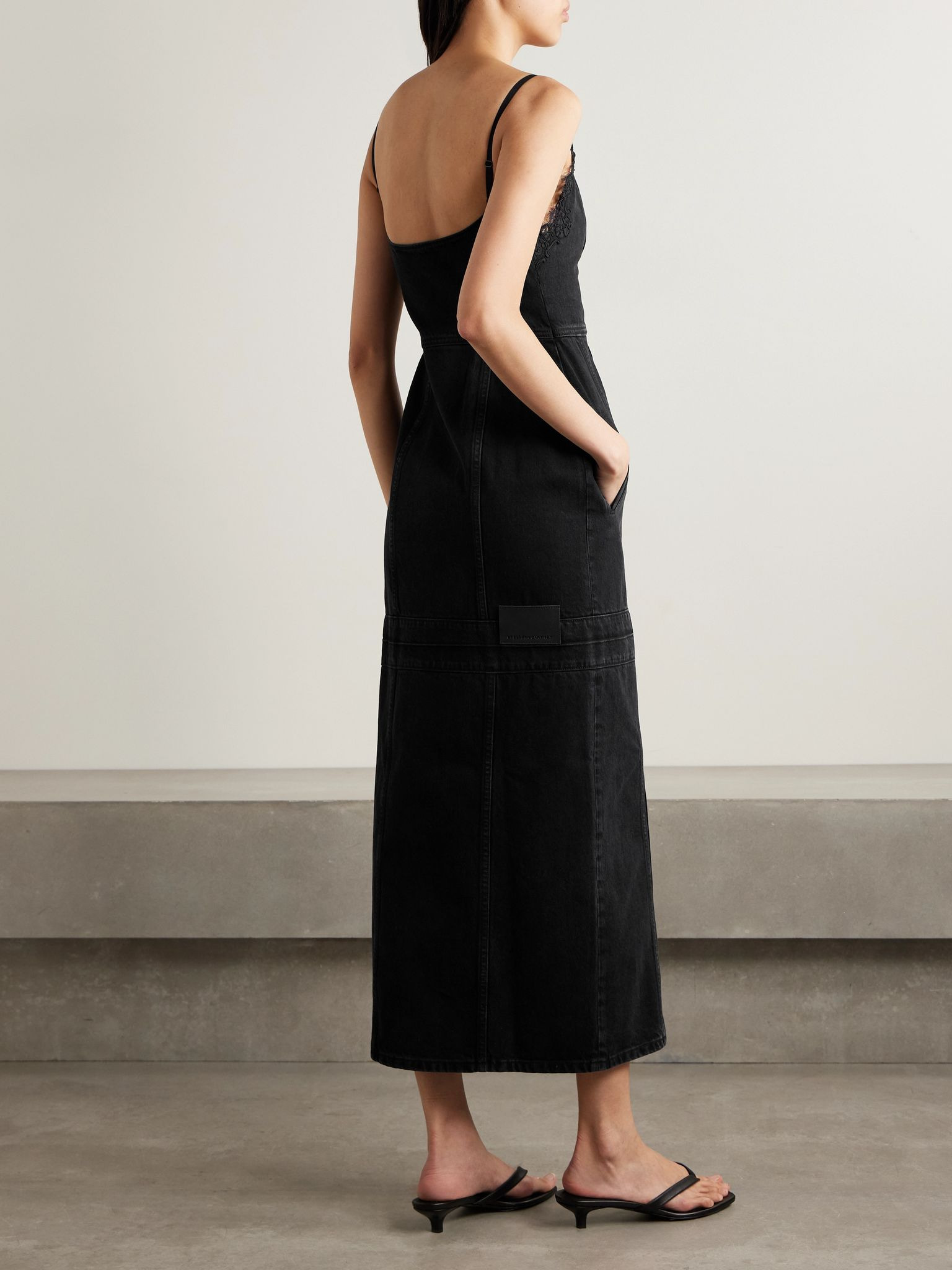 Lace-trimmed paneled organic denim midi dress Black - 3