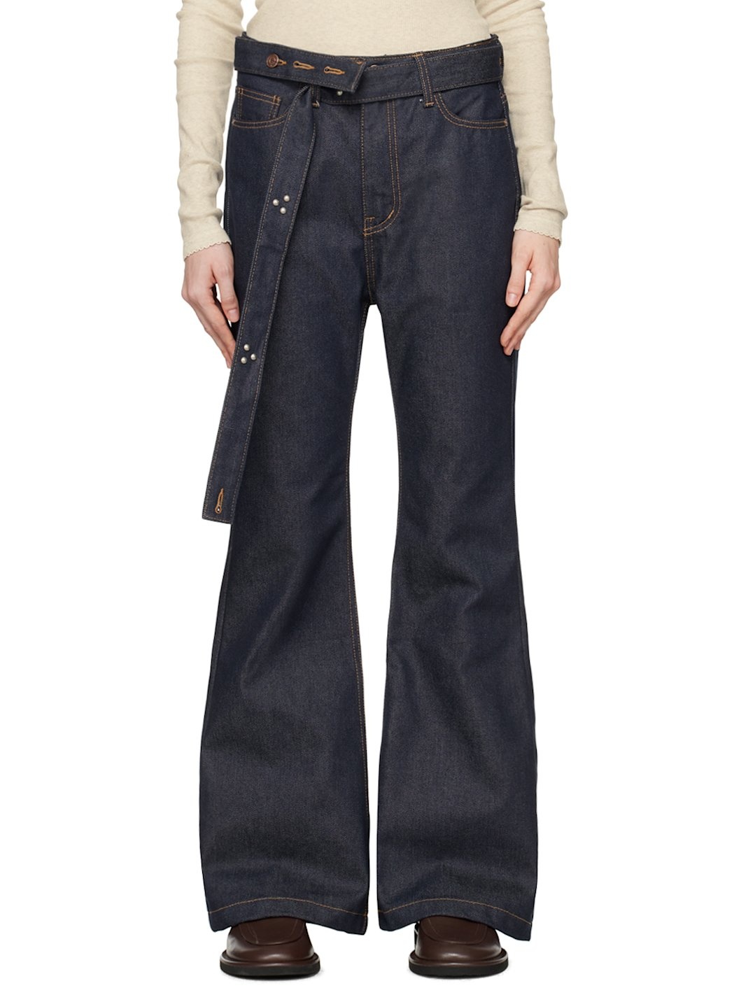 OPEN YY Navy Belted Loose Bootcut Jeans | REVERSIBLE