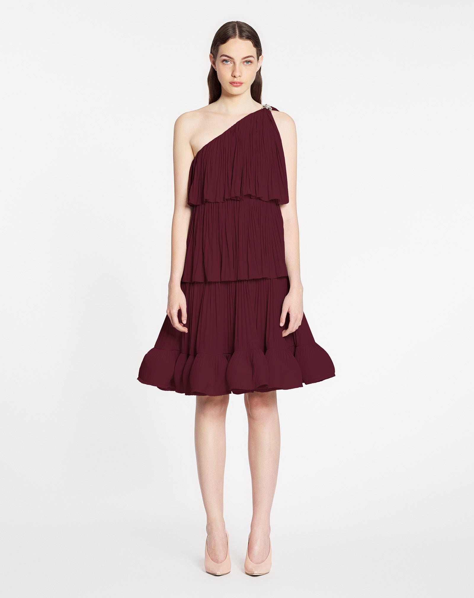 ASYMETRIC 3 LAYER DRESS WITH RUFFLES IN CHARMEUSE - 2