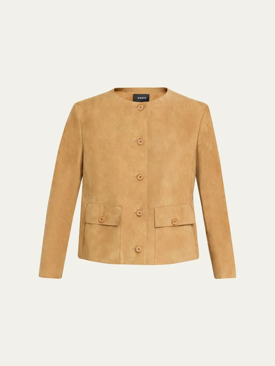 Collarless Suede Single-Breasted Jacket - 1