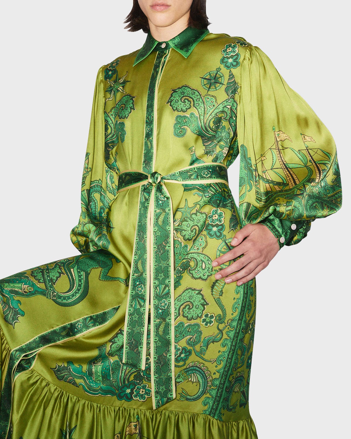 Solaris Silk Twill Belted Lantern-Sleeve Maxi Shirtdress - 2