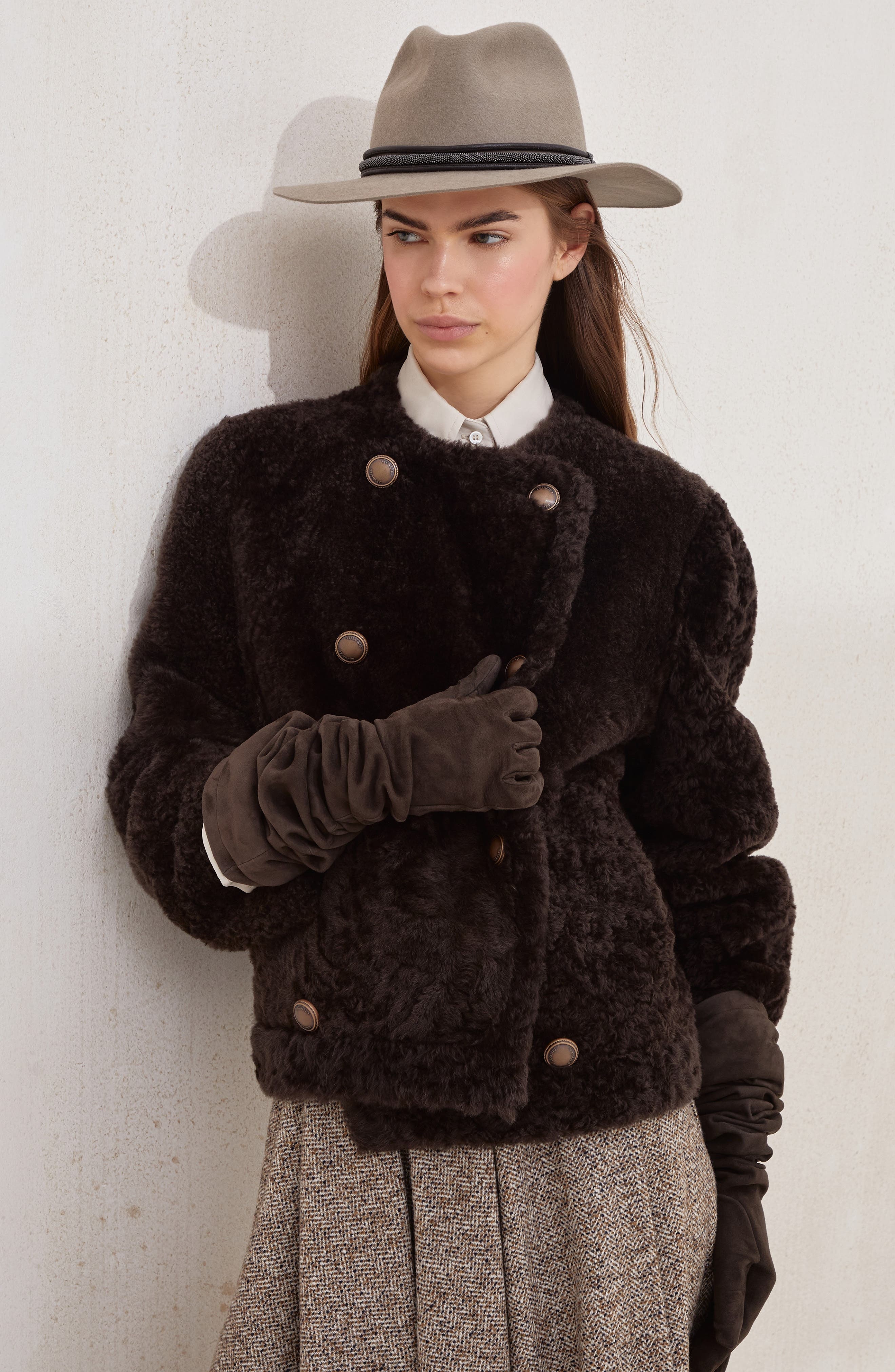 Brunello Cucinelli Fuzzy shearling cropped pea coat in Rust Brown at Nordstrom - 5