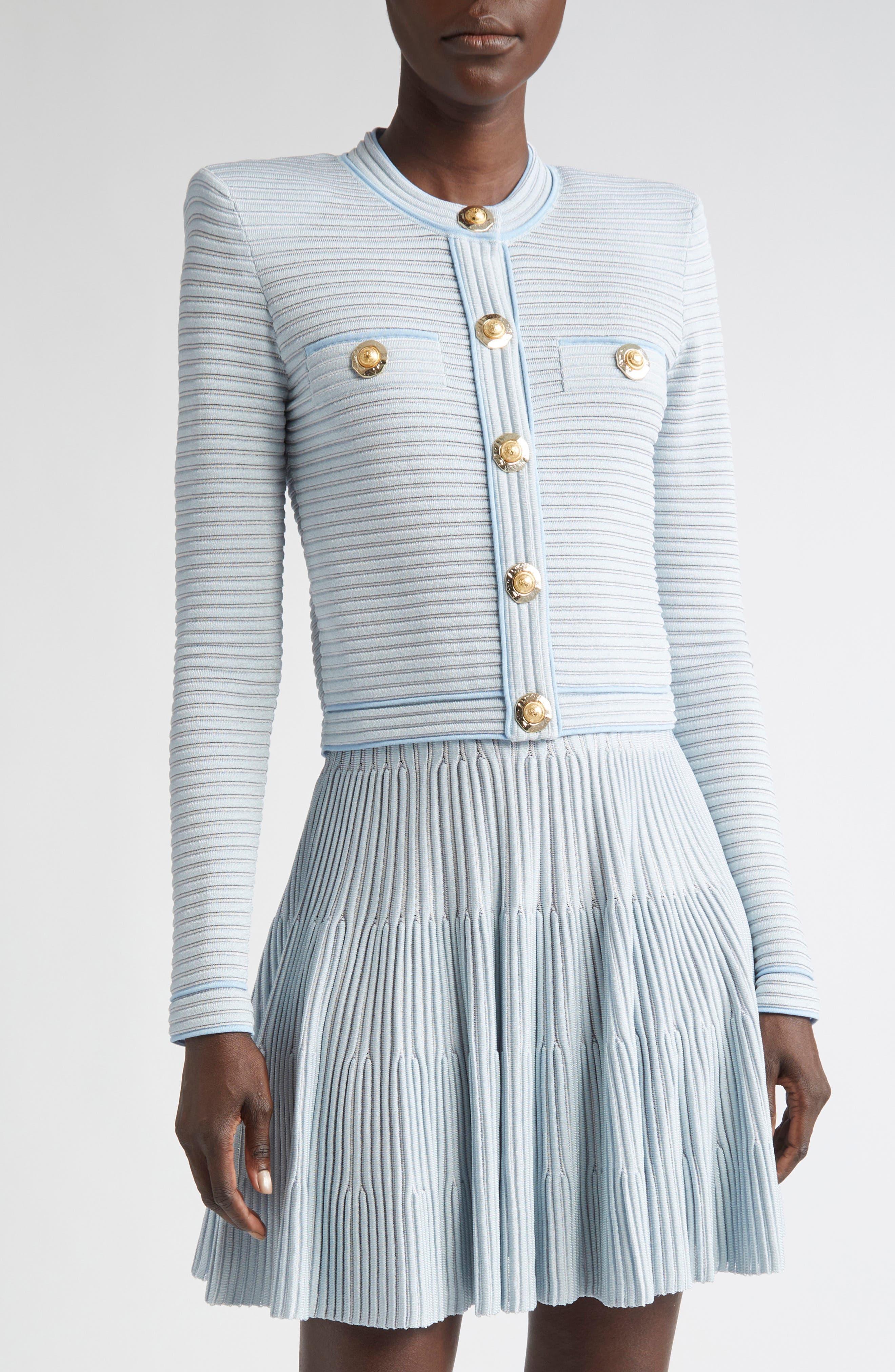 Balmain Long Sleeve Horizontal Rib Cardigan in Blue/White at Nordstrom - 1