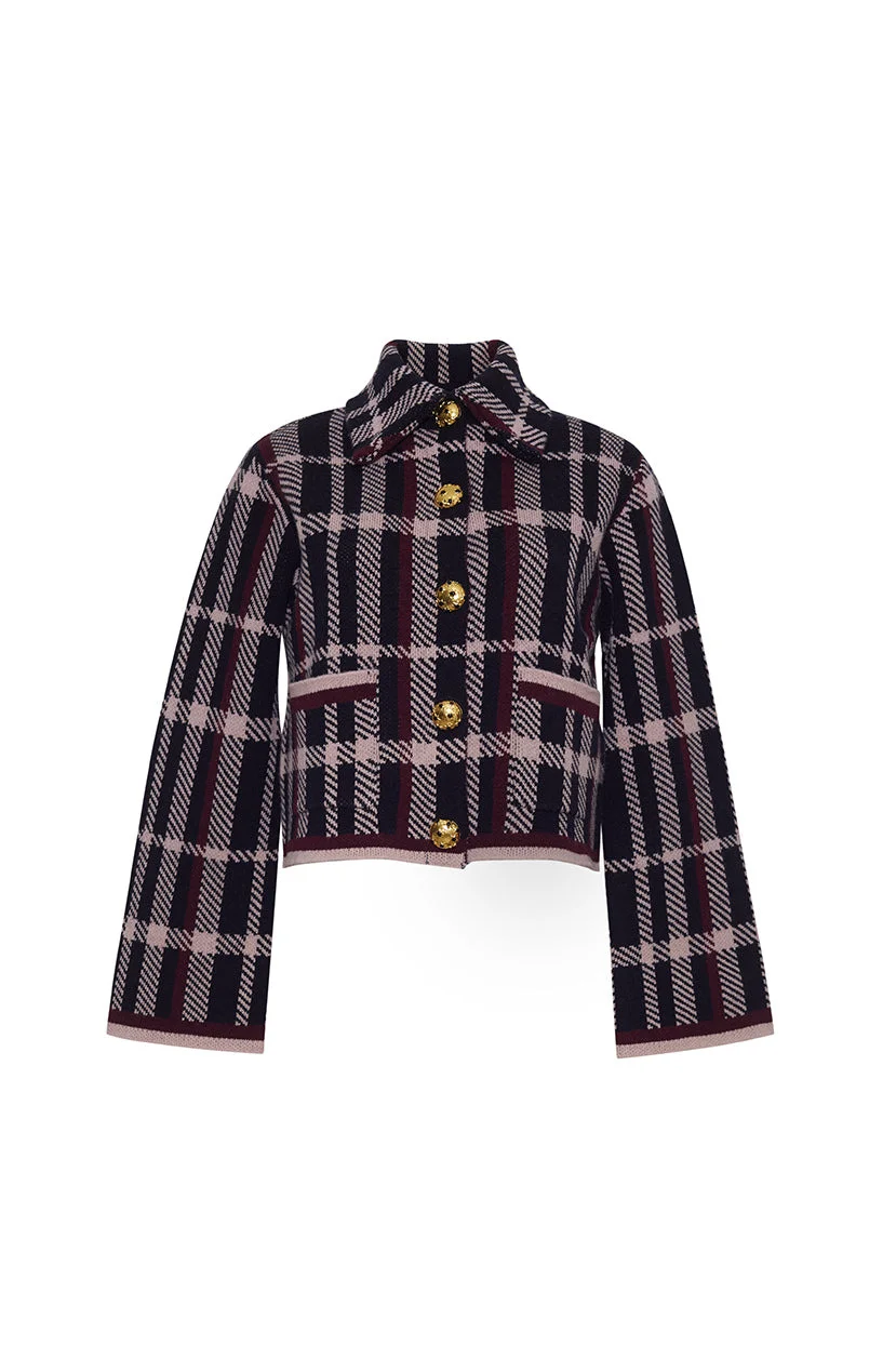 Delilah Cardigan
Boxy and Bold in Plaid Jacquard and Gilded Detail - 1