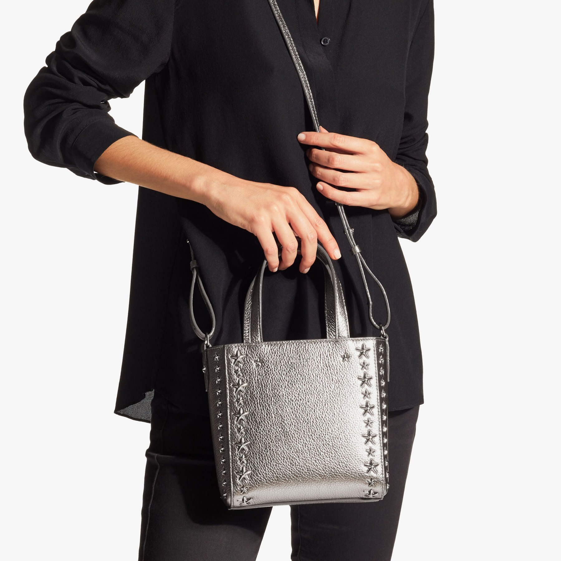 Mini Pegasi
Gunmetal Metallic Soft Grainy Calf Leather Mini Tote Bag with Stars - 2