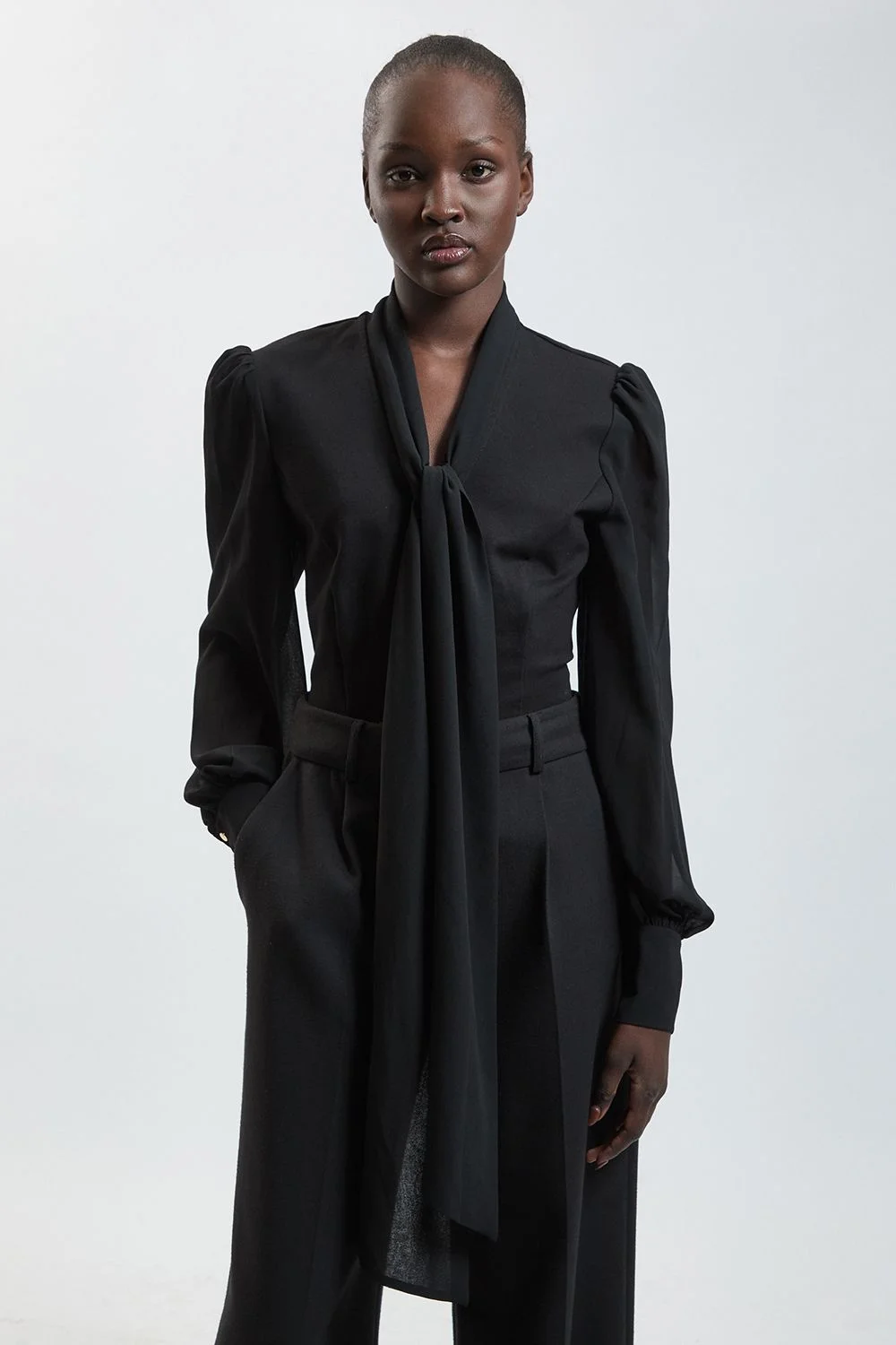 Ponte And Georgette Mix Balloon Sleeve Tie Neck Top - 1