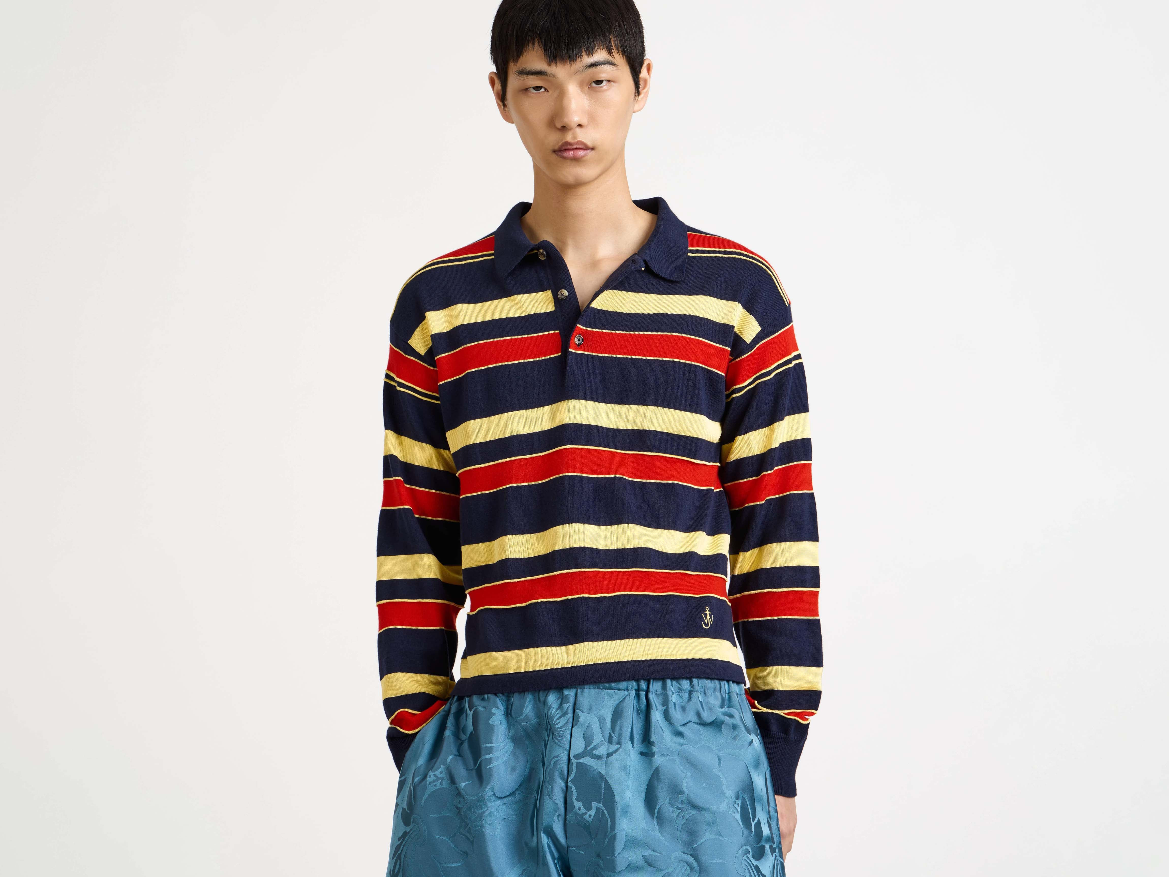 KNITTED STRIPED RUGBY POLO TOP IN NAVY - 7