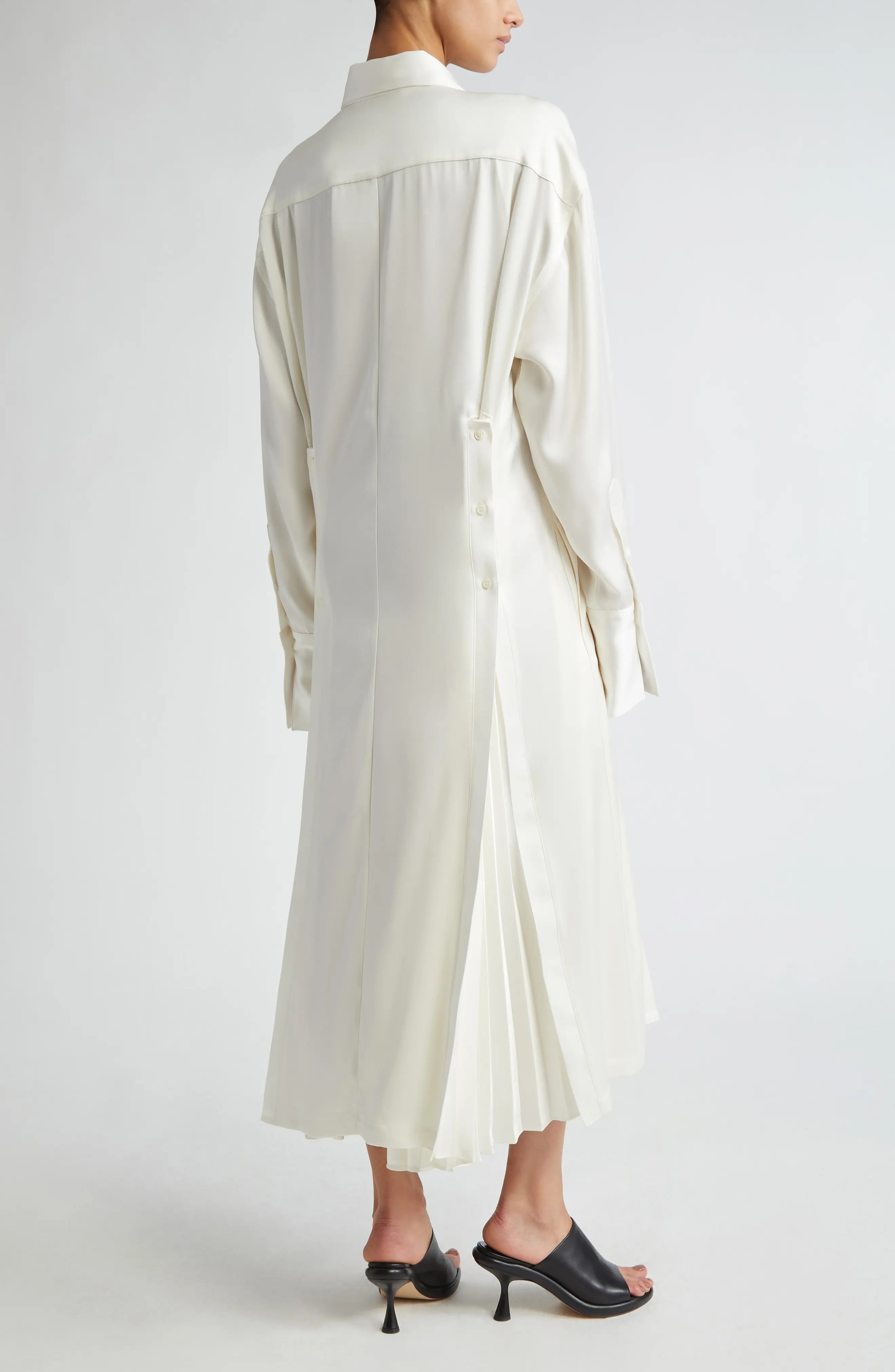 Pleated Long Sleeve Satin Shirtdress - 2