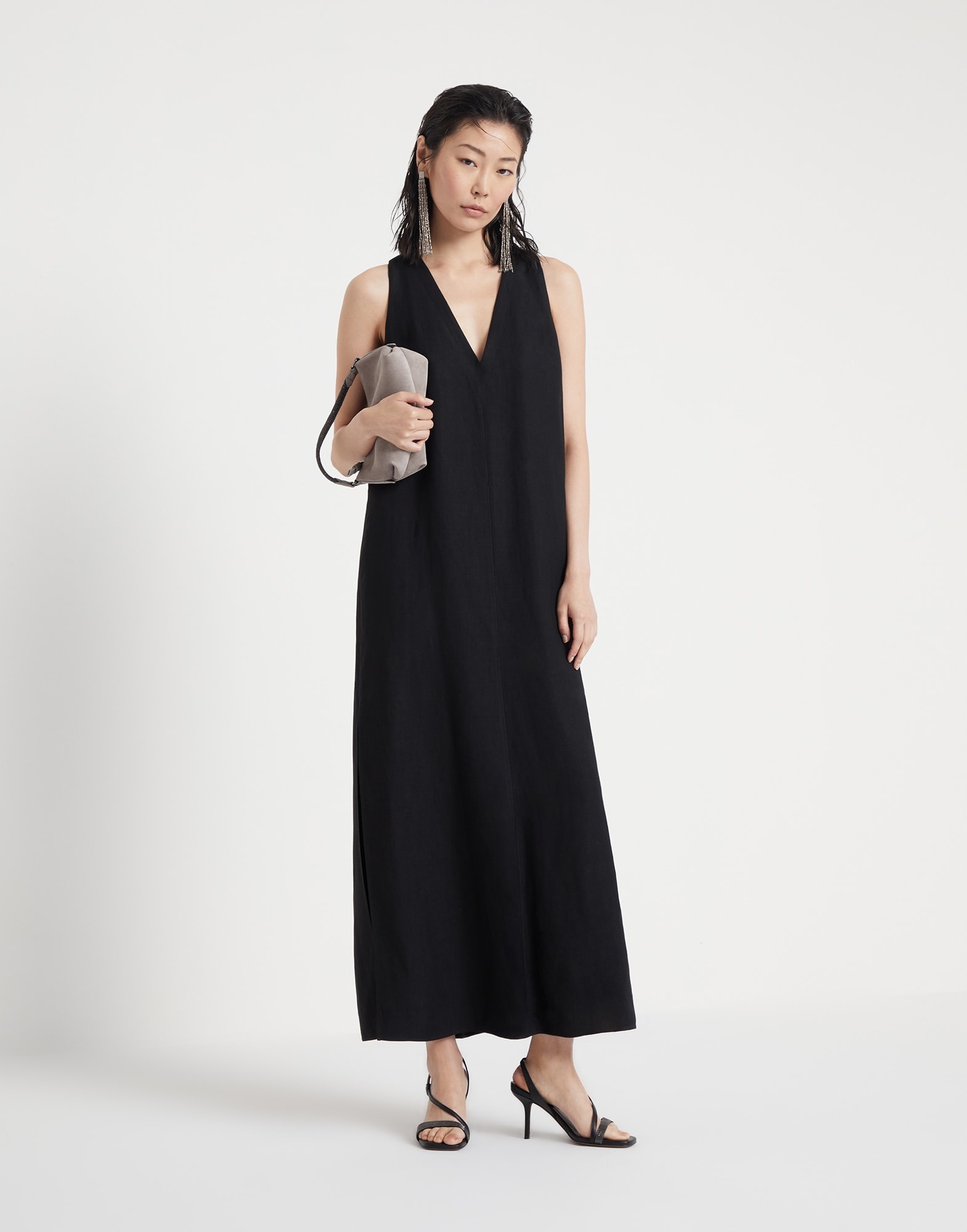 Viscose and linen fluid twill dress with monili - 5