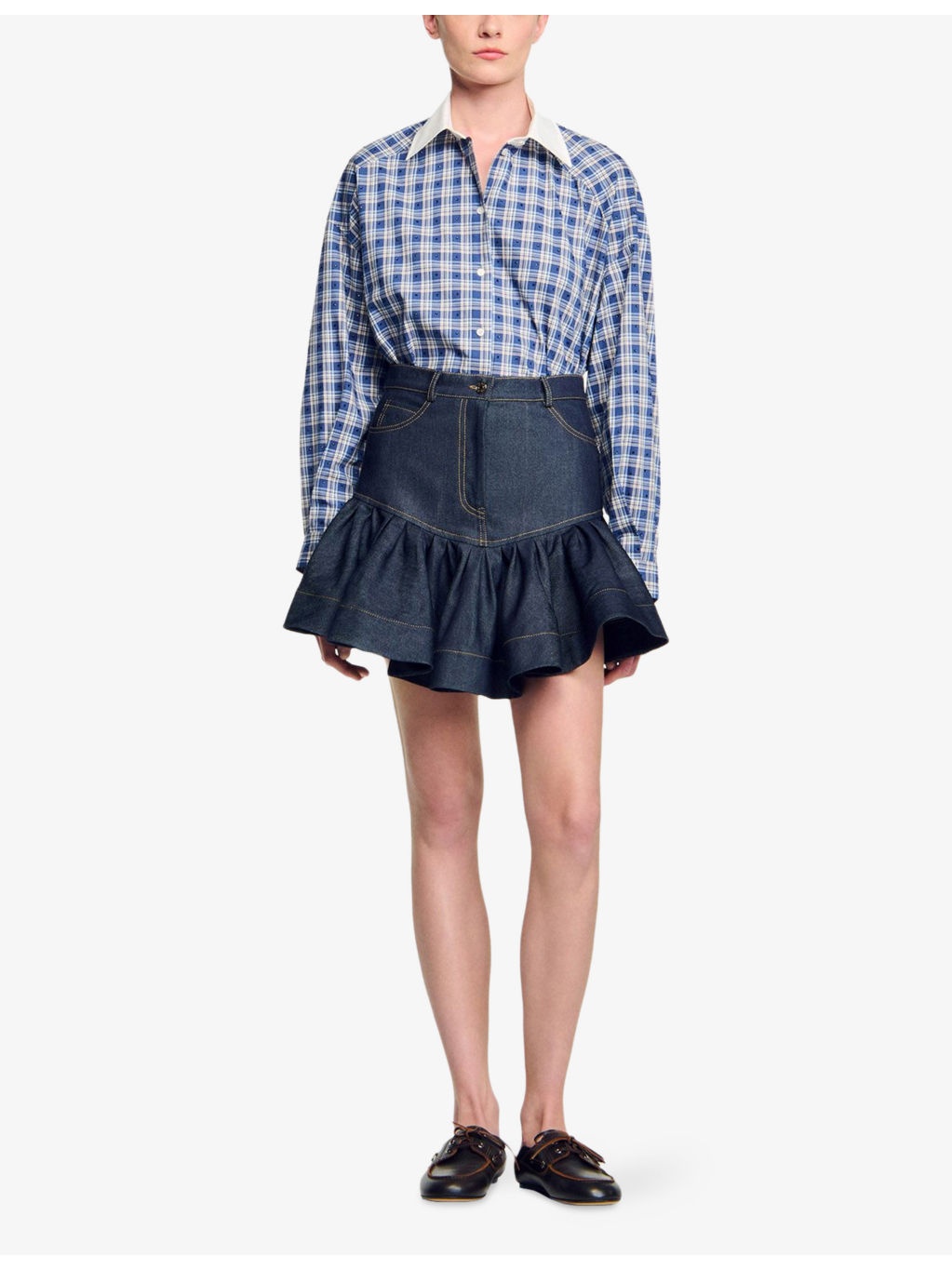 Ruffle-Hem Side-Pocket Denim Mini Skirt - 2