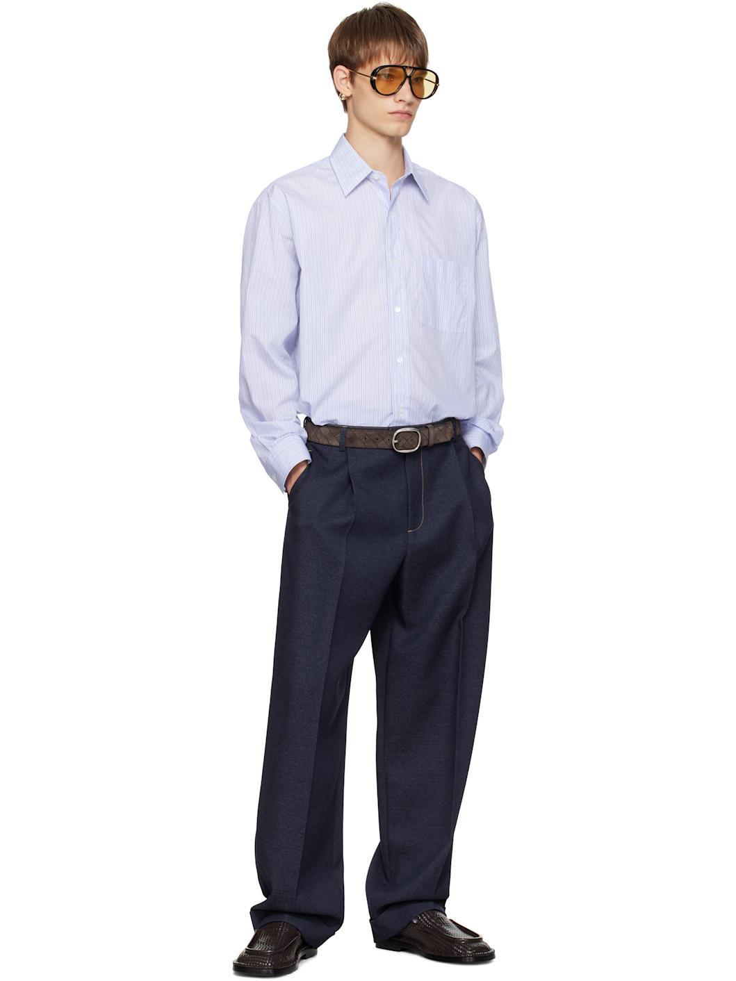 Blue Stripe Cotton Poplin Shirt - 5