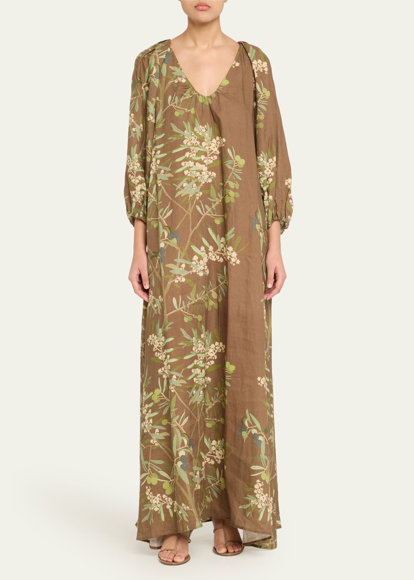 Puff-Sleeve Printed Linen Maxi Dress - 2