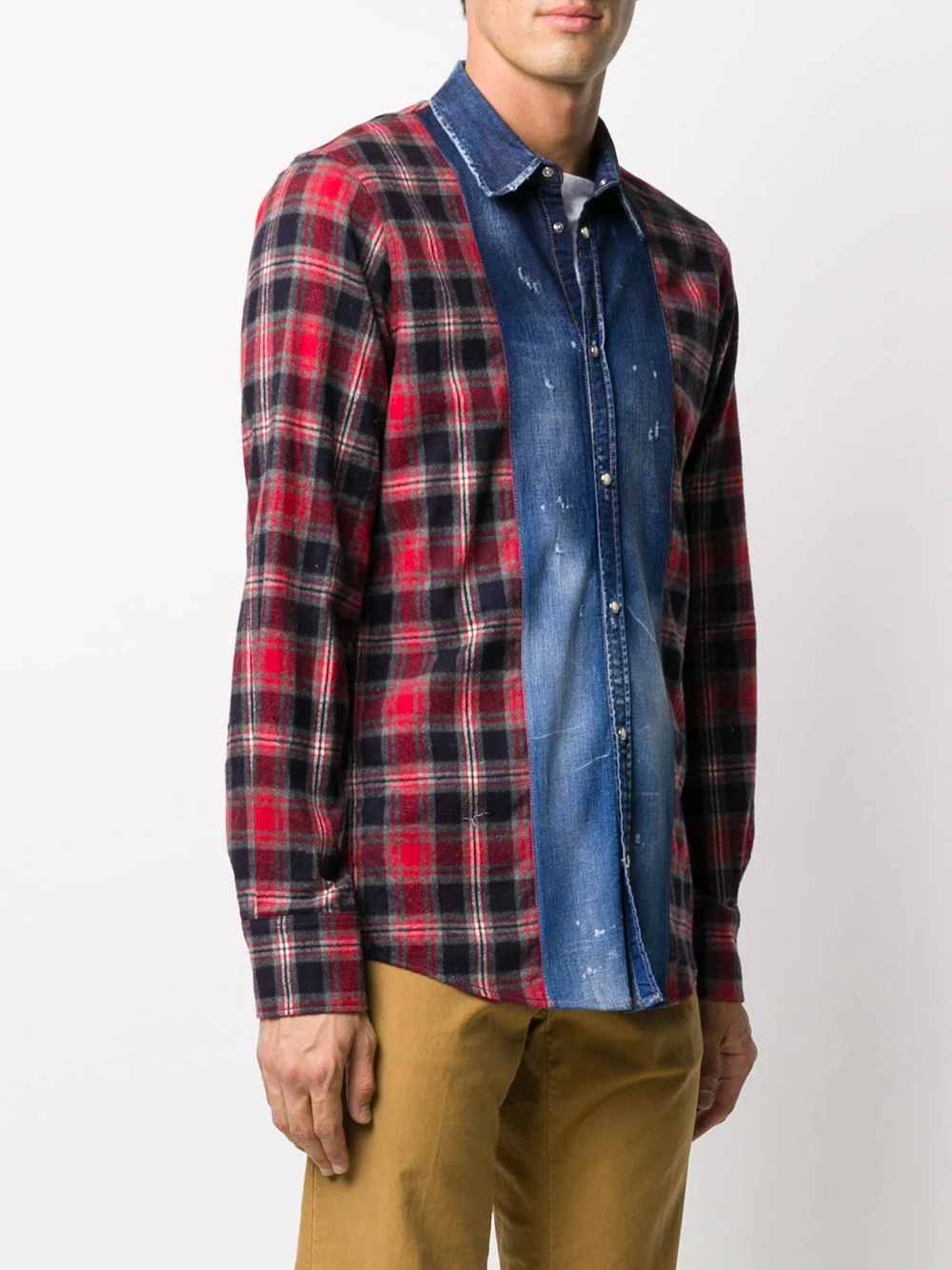 denim panel plaid shirt - 3