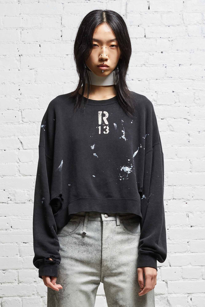 R13 CROPPED R13 CREWNECK - ACID BLACK outlook