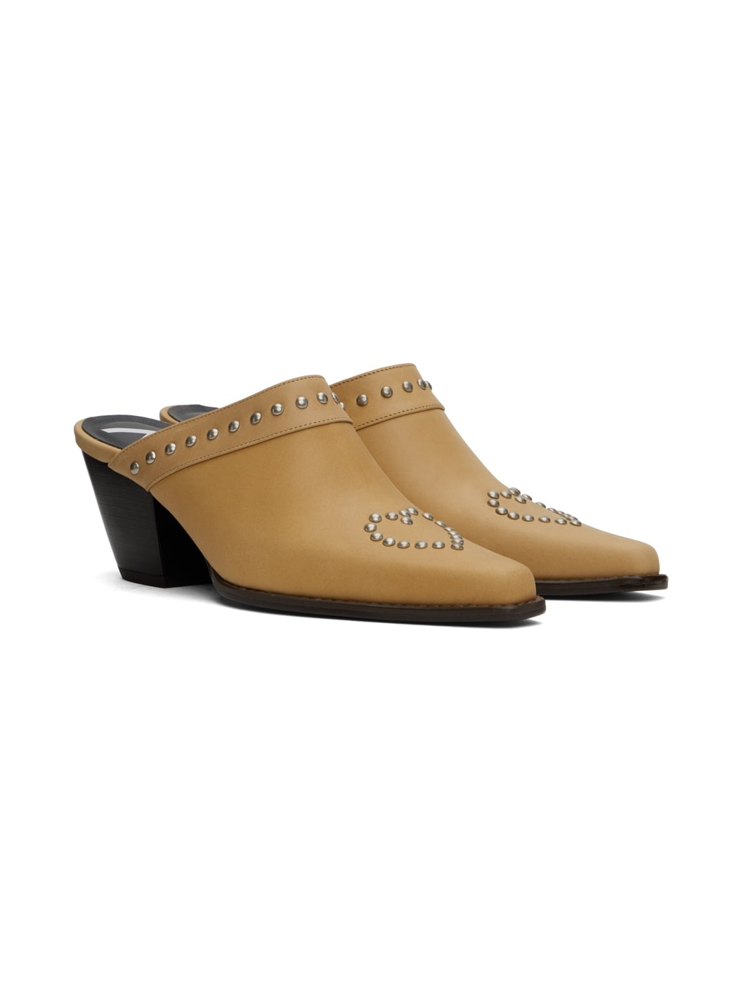 Beige Heart Stud Western Mules - 4