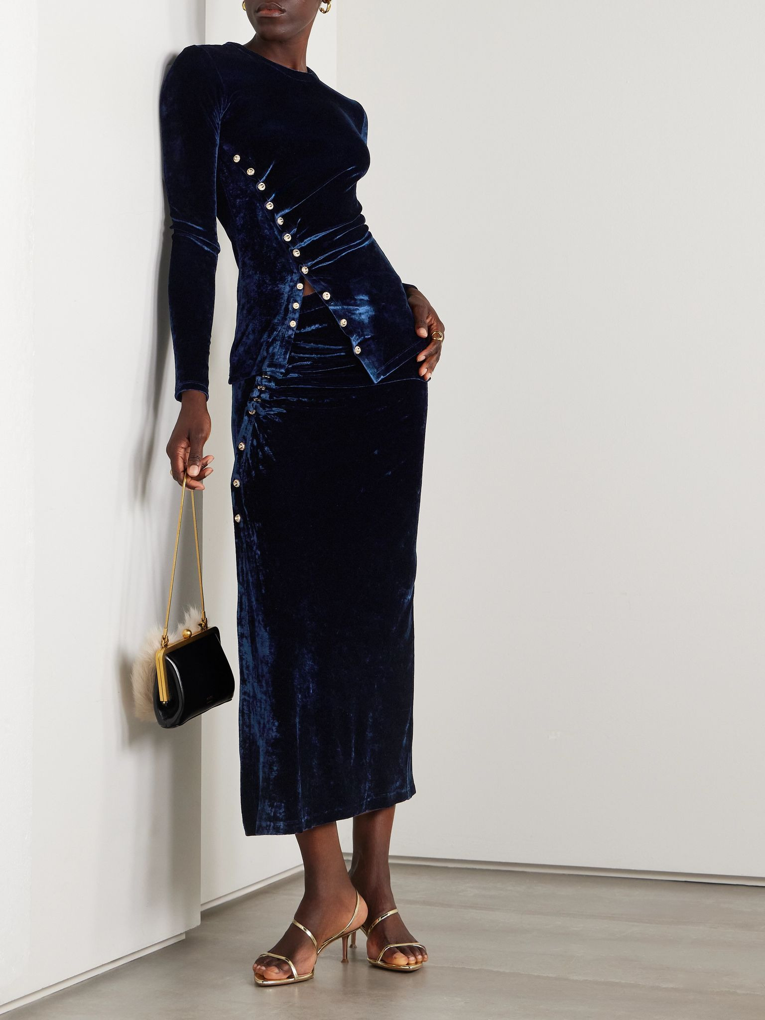 Ruched embellished velvet midi skirt Navy - 2